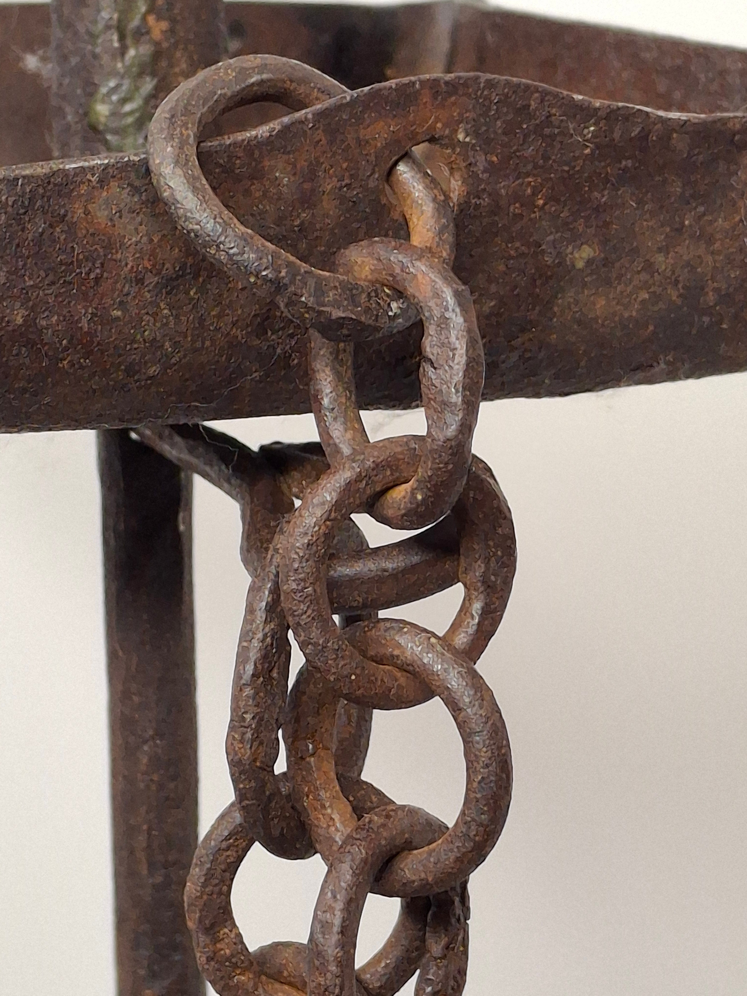 Museum Quality Antique 18th Century Hand-Wrought Iron Adjustable Four-Wick Grease or Lard Lamp with extremely Rare Pin-and-Hole Adjustment System