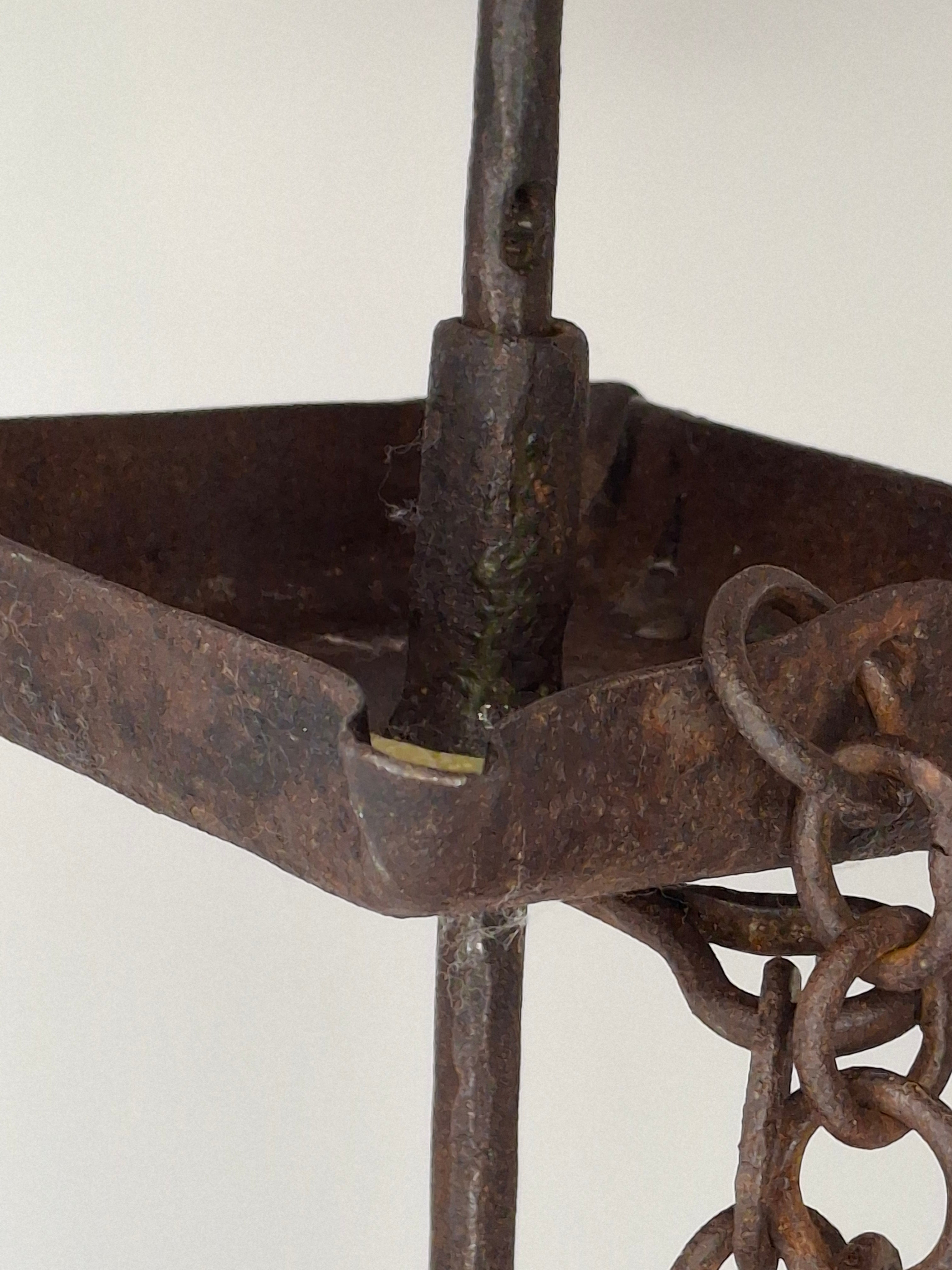 Museum Quality Antique 18th Century Hand-Wrought Iron Adjustable Four-Wick Grease or Lard Lamp with extremely Rare Pin-and-Hole Adjustment System