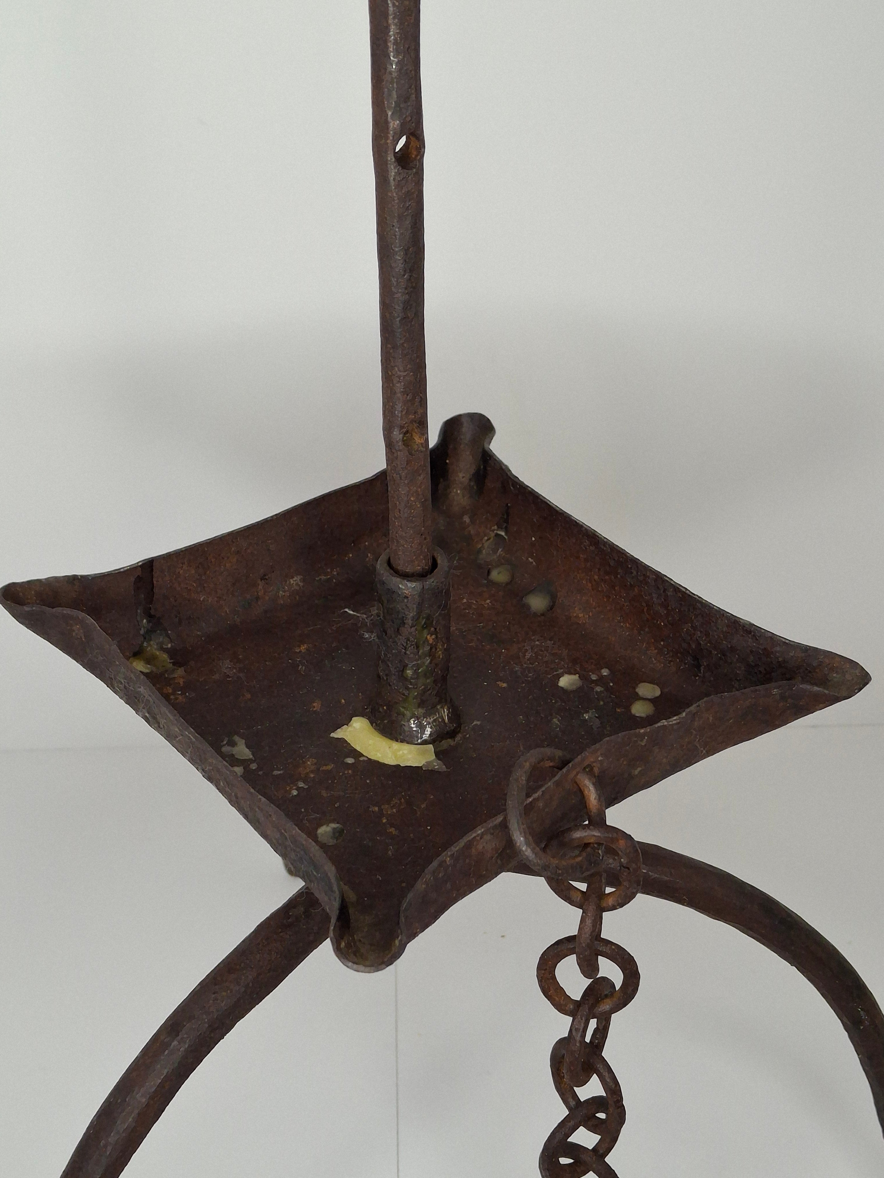 Museum Quality Antique 18th Century Hand-Wrought Iron Adjustable Four-Wick Grease or Lard Lamp with extremely Rare Pin-and-Hole Adjustment System