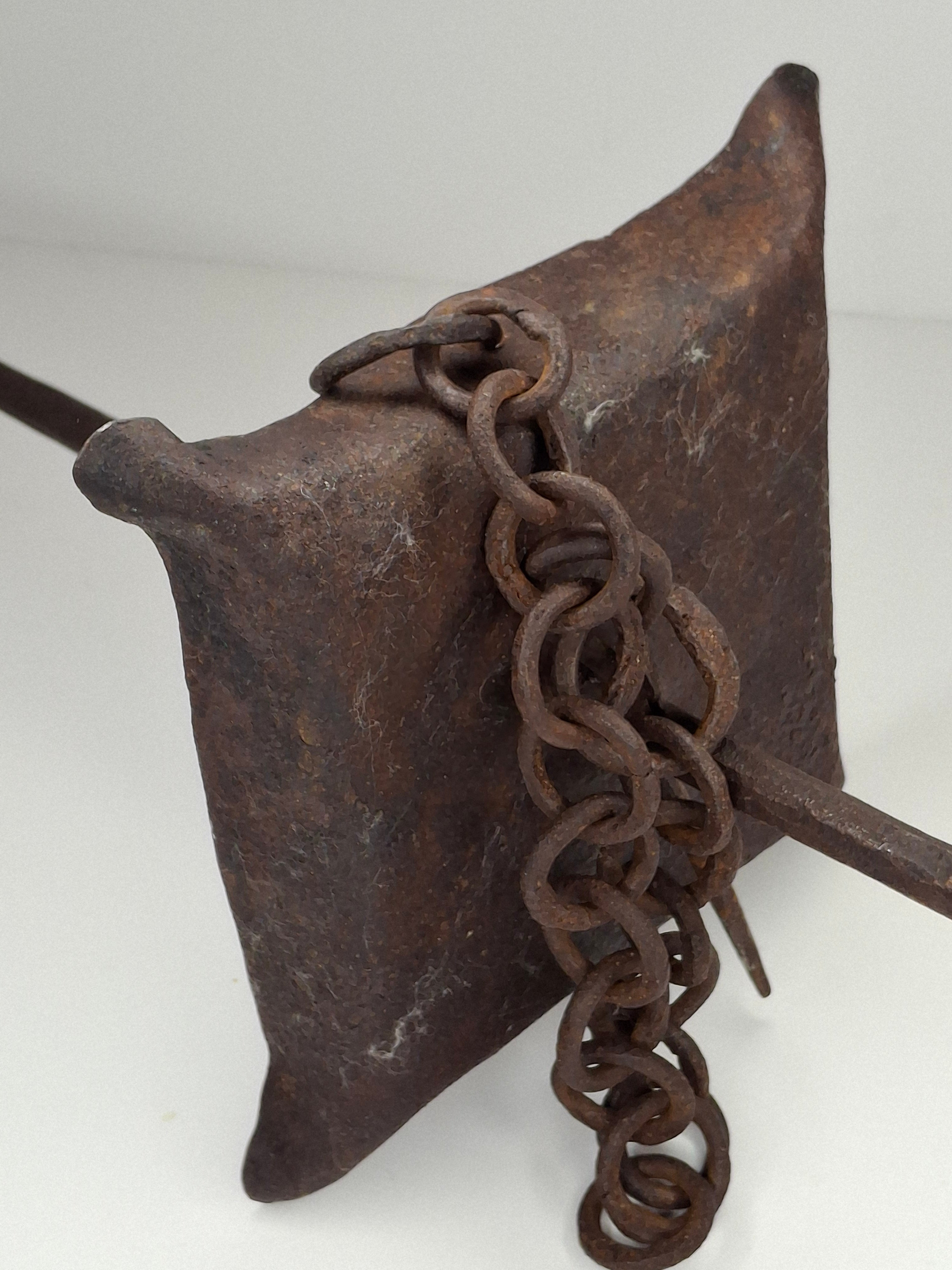 Museum Quality Antique 18th Century Hand-Wrought Iron Adjustable Four-Wick Grease or Lard Lamp with extremely Rare Pin-and-Hole Adjustment System