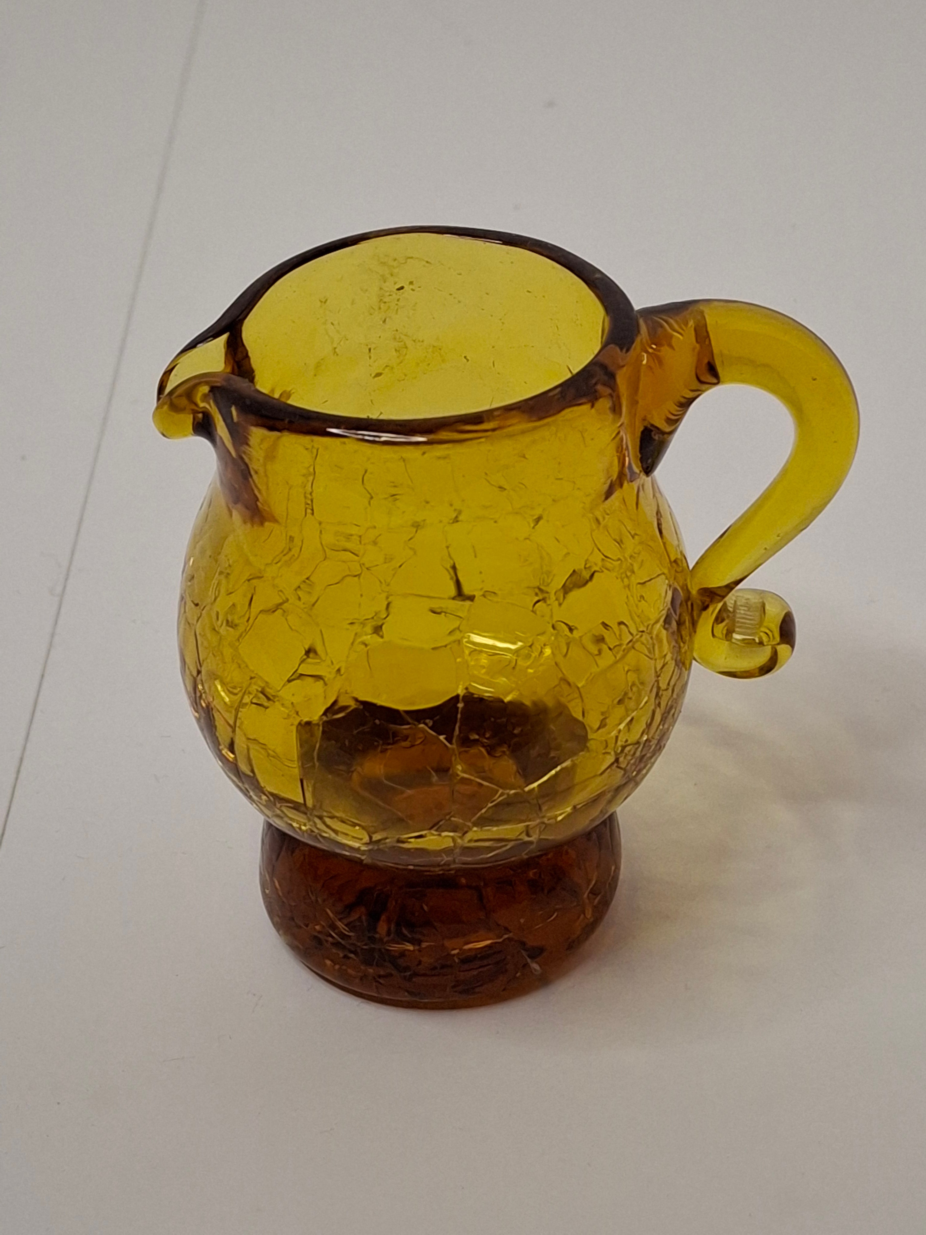 Vintage Mid-Century Amber Crackle Glass Mini Pitcher - Handblown Decorative Ewer