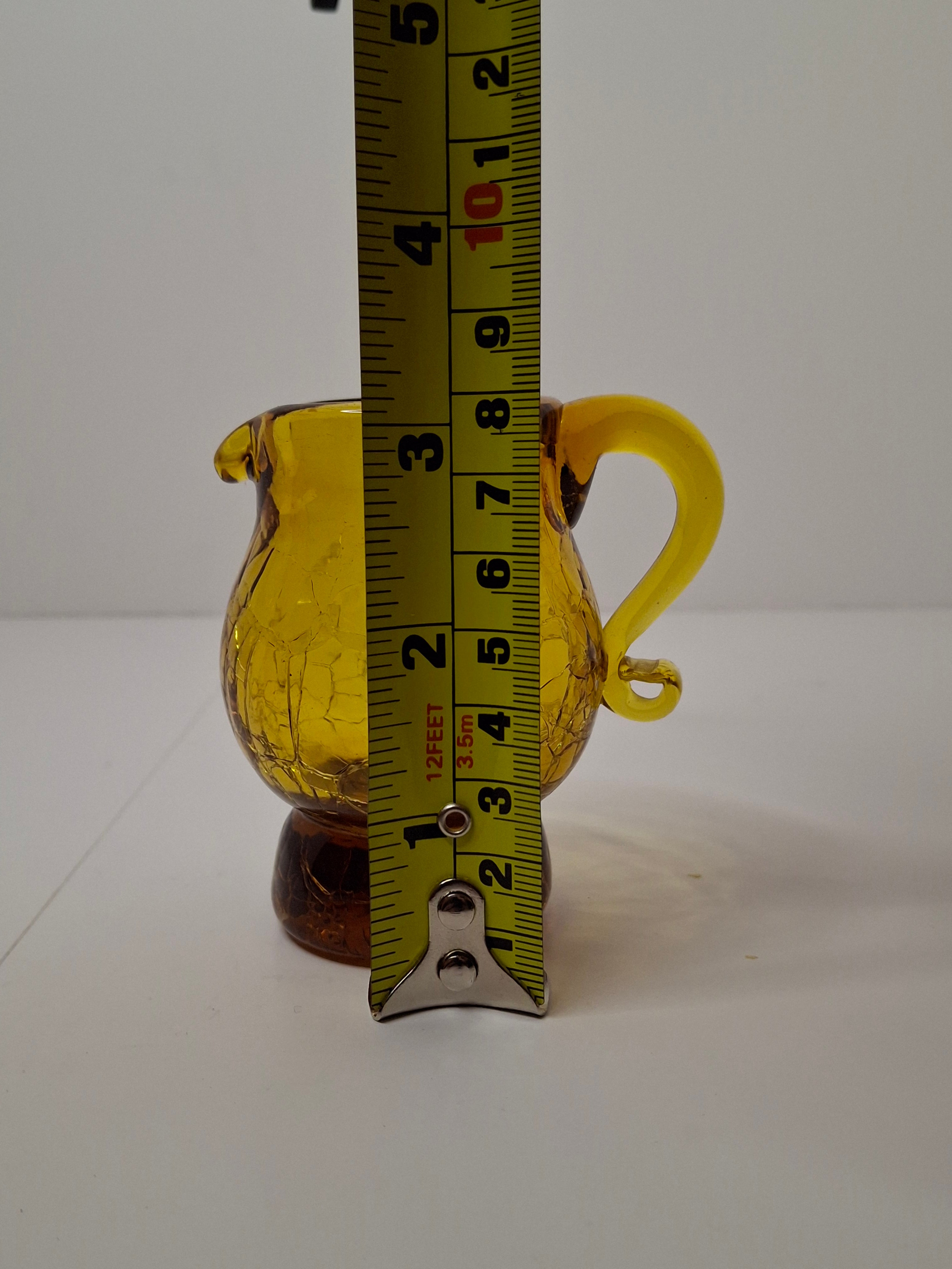 Vintage Mid-Century Amber Crackle Glass Mini Pitcher - Handblown Decorative Ewer