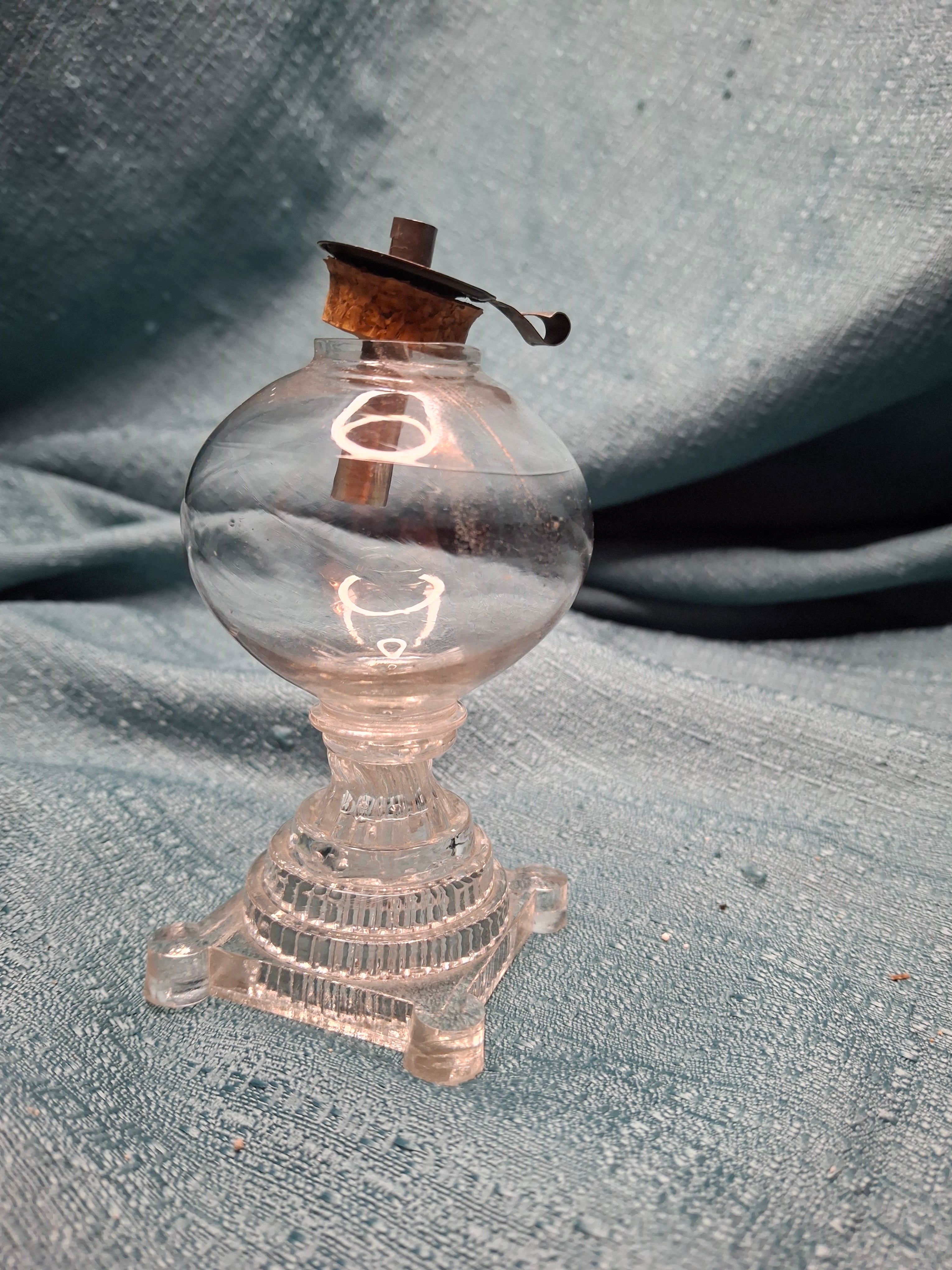 Antique Miniature Boston & Sandwich Pressed Glass Whale Oil Lamp, Circa 1840s