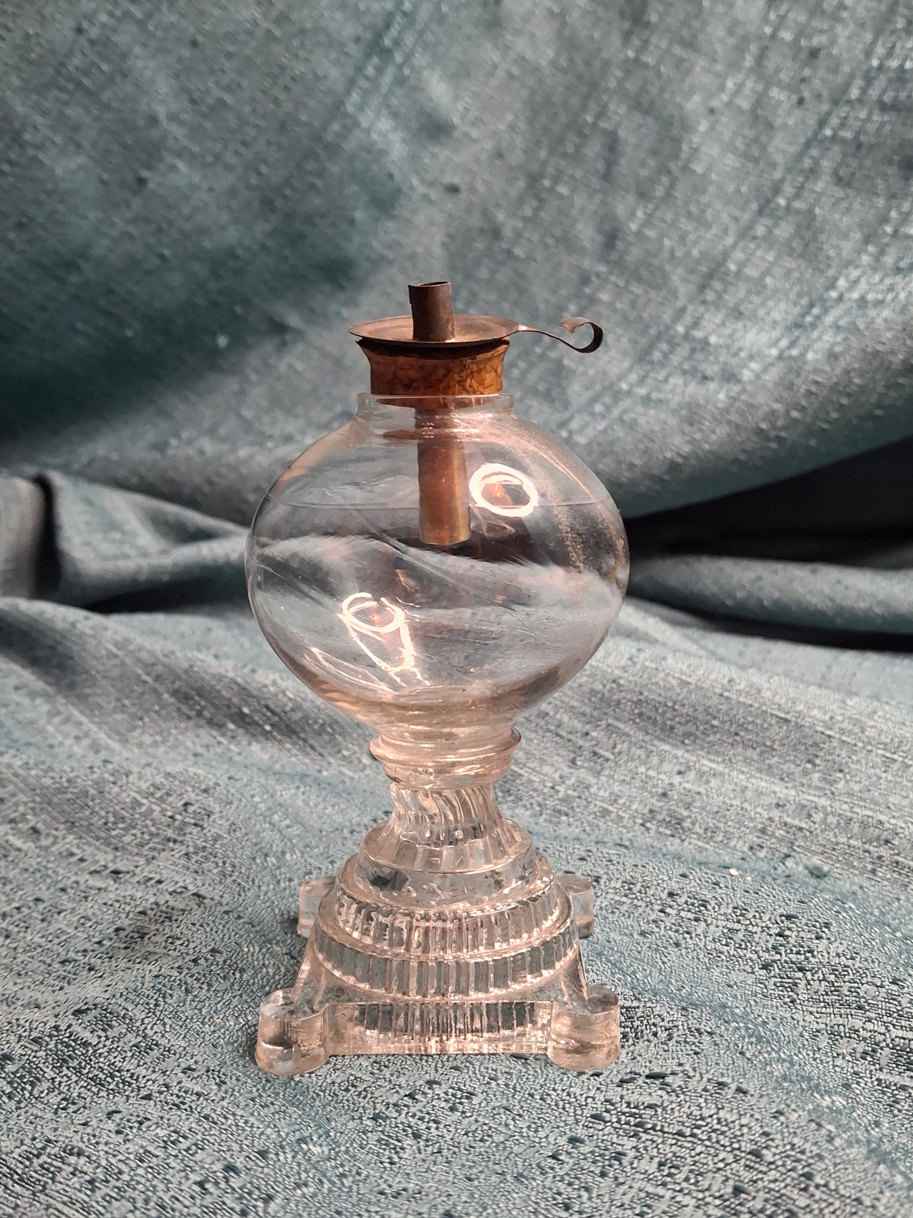 Antique Miniature Boston & Sandwich Pressed Glass Whale Oil Lamp, Circa 1840s