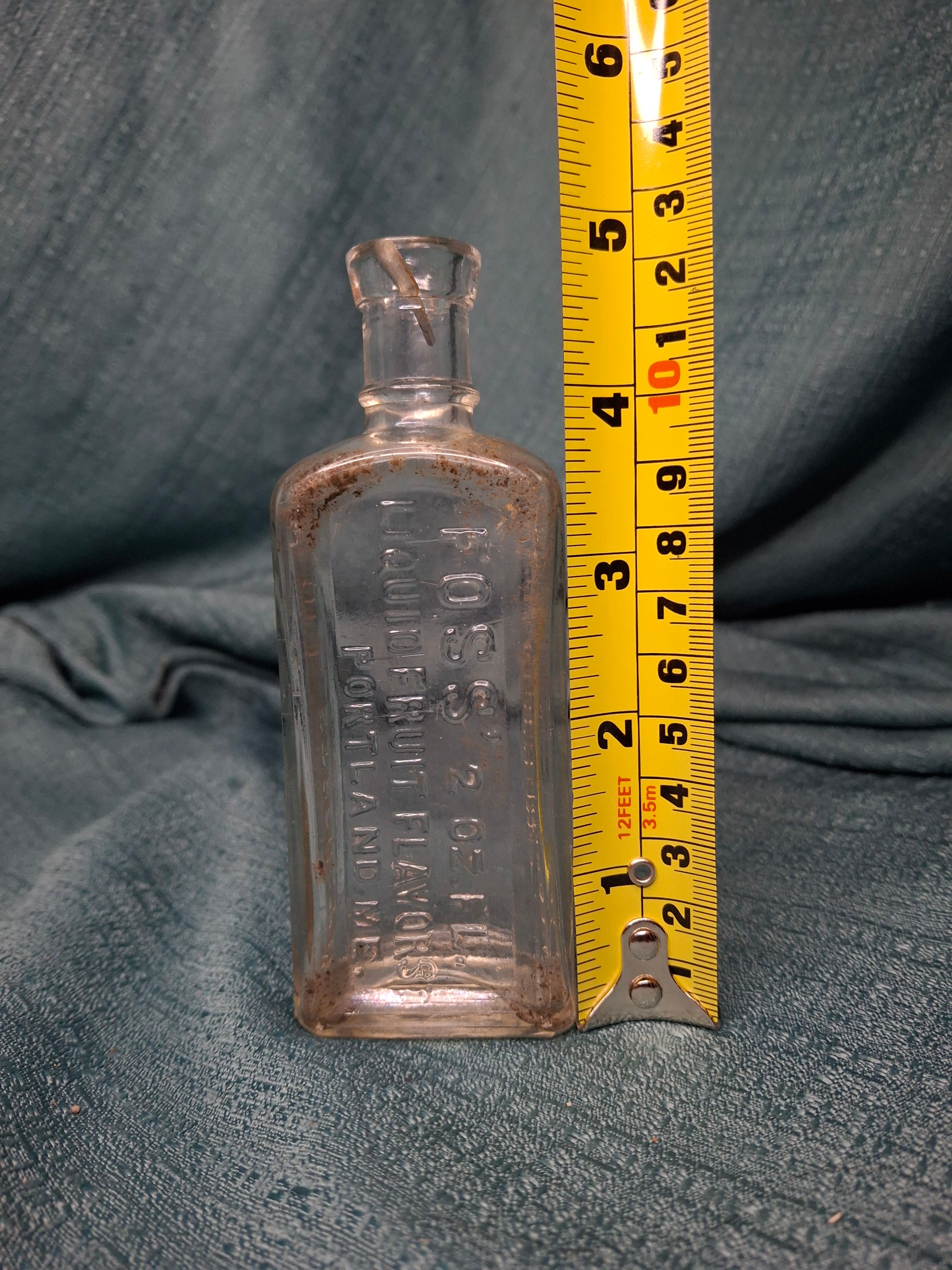 Antique Foss' Liquid Fruit Flavors Extract Bottle 2 oz Clear Glass, Portland ME