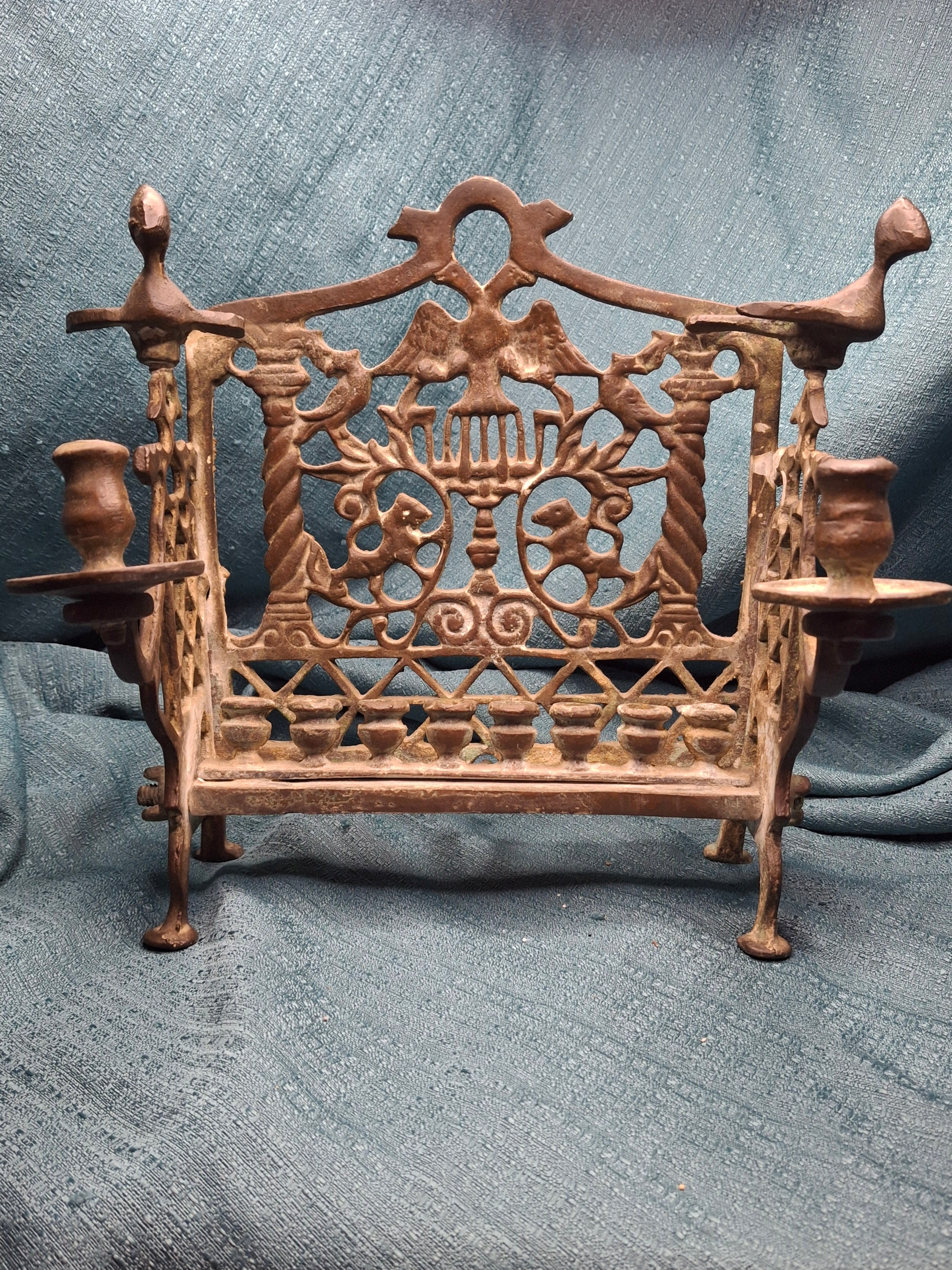 Antique Mid 19th Century Eastern European Bronze Bench Chanukkah Menorah with Double-Headed Eagle, Lions, Birds, Columns, and Shabbat Candlesticks