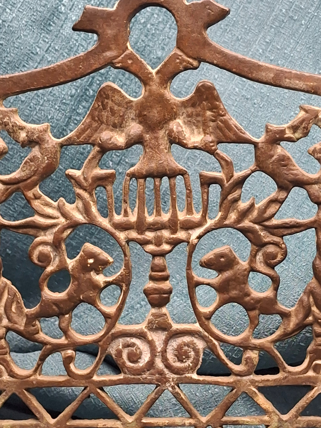 Antique Early 19thC Polish Brass Bench Menorah Lions Eagle Hanukkah Lamp Rare