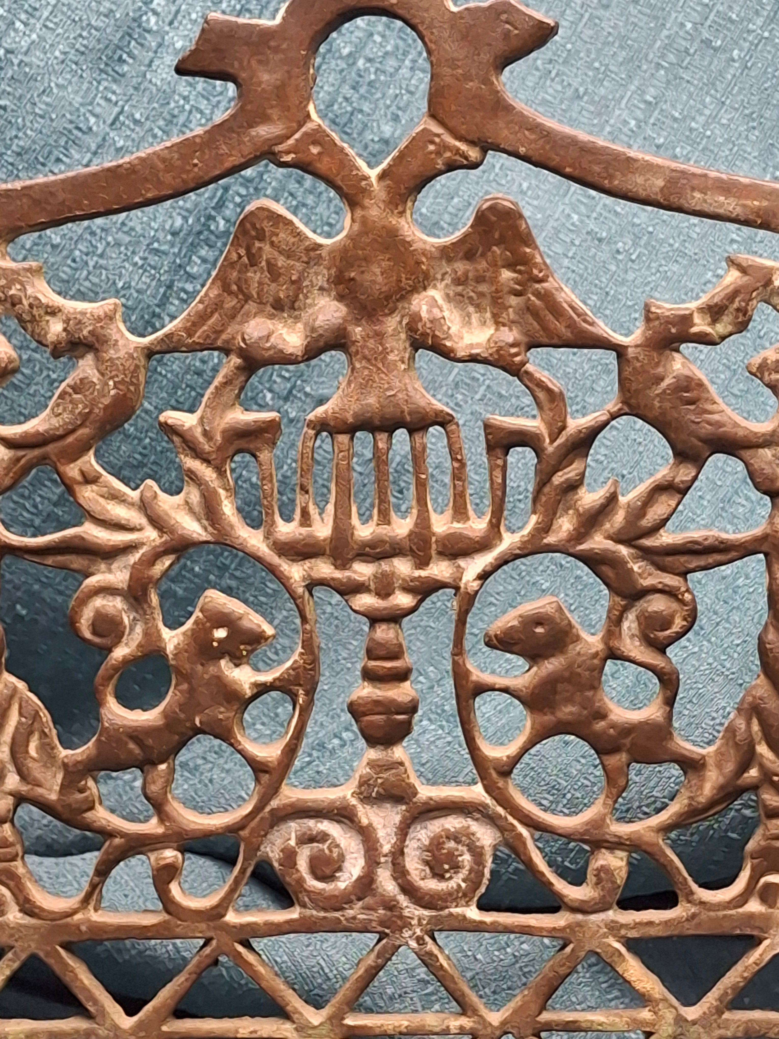 Antique Early 19thC Polish Brass Bench Menorah Lions Eagle Hanukkah Lamp Rare