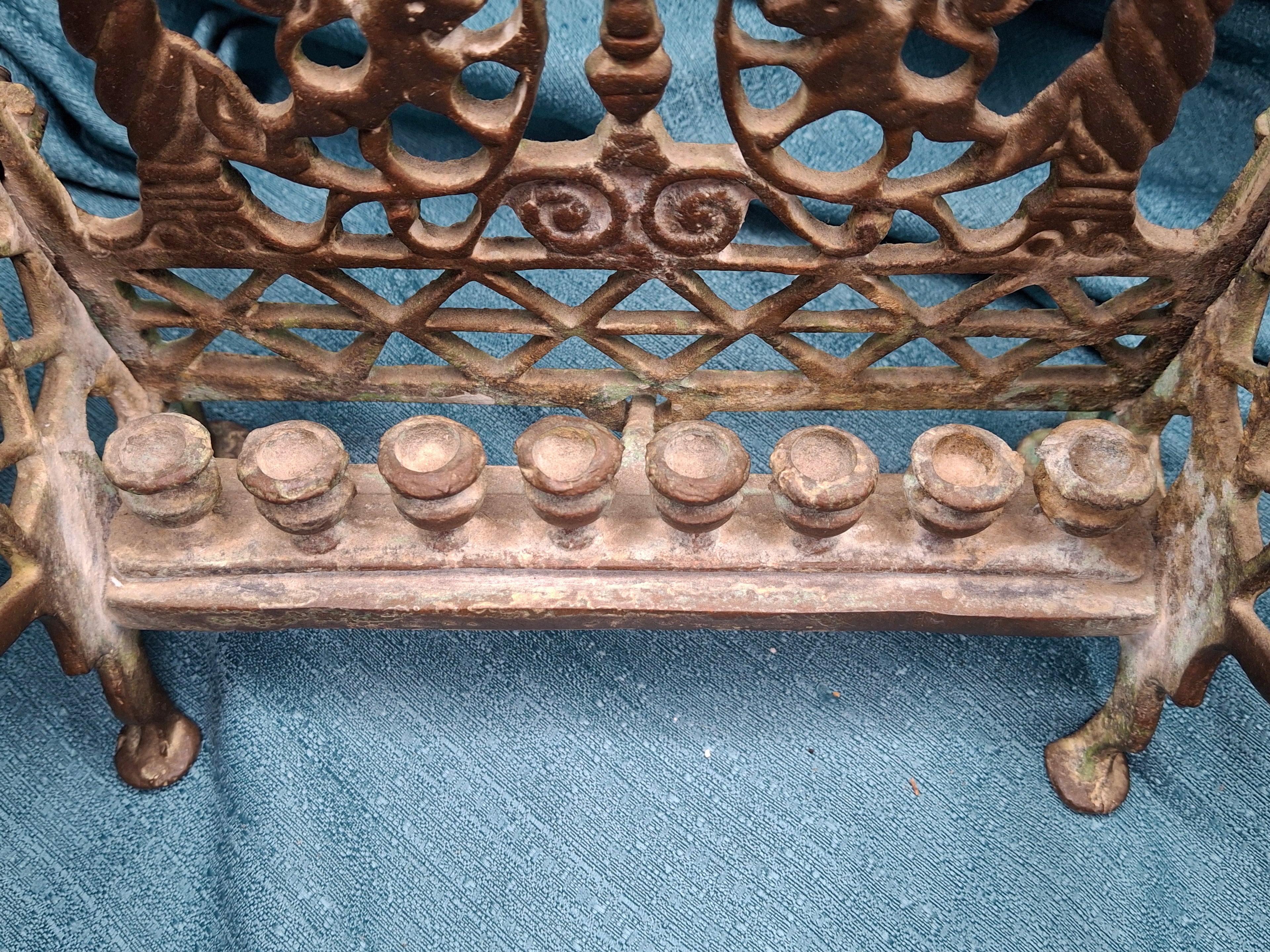 Antique Early 19thC Polish Brass Bench Menorah Lions Eagle Hanukkah Lamp Rare