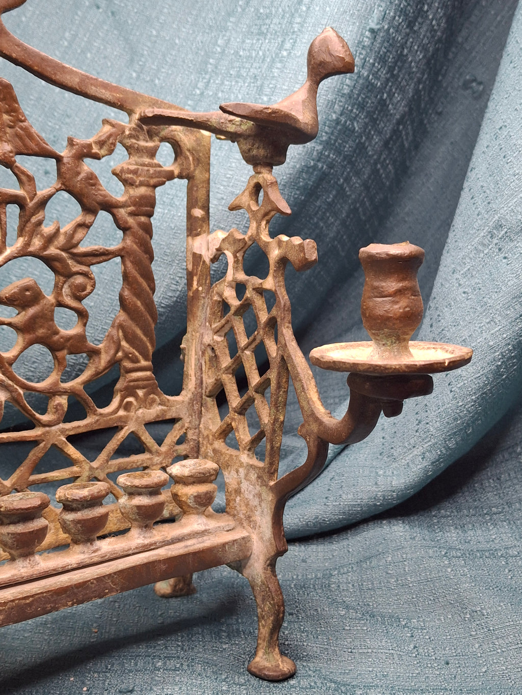 Antique Early 19thC Polish Brass Bench Menorah Lions Eagle Hanukkah Lamp Rare