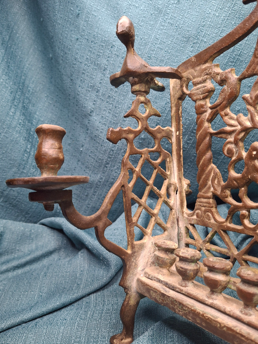 Antique Early 19thC Polish Brass Bench Menorah Lions Eagle Hanukkah Lamp Rare