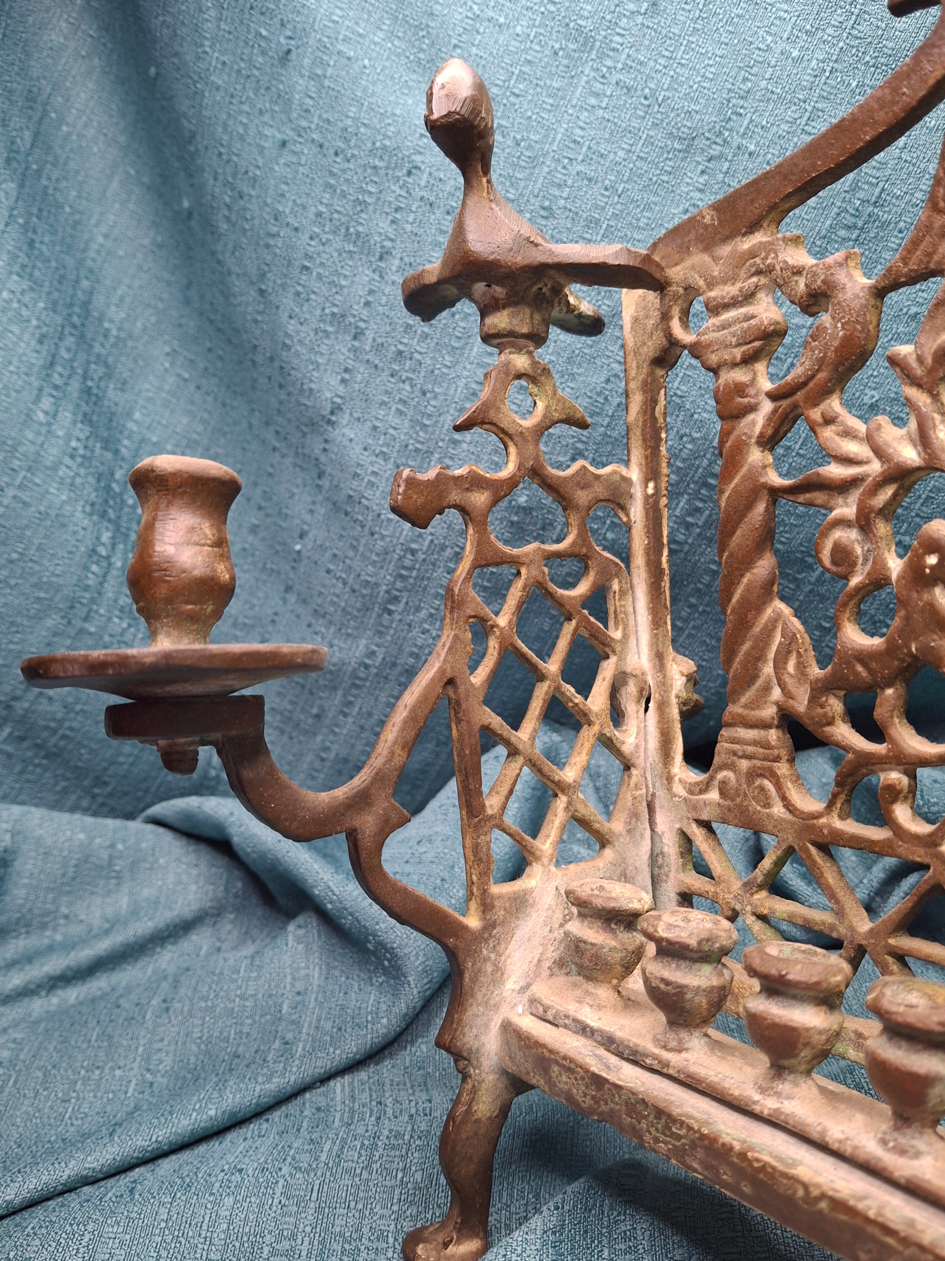 Antique Early 19thC Polish Brass Bench Menorah Lions Eagle Hanukkah Lamp Rare