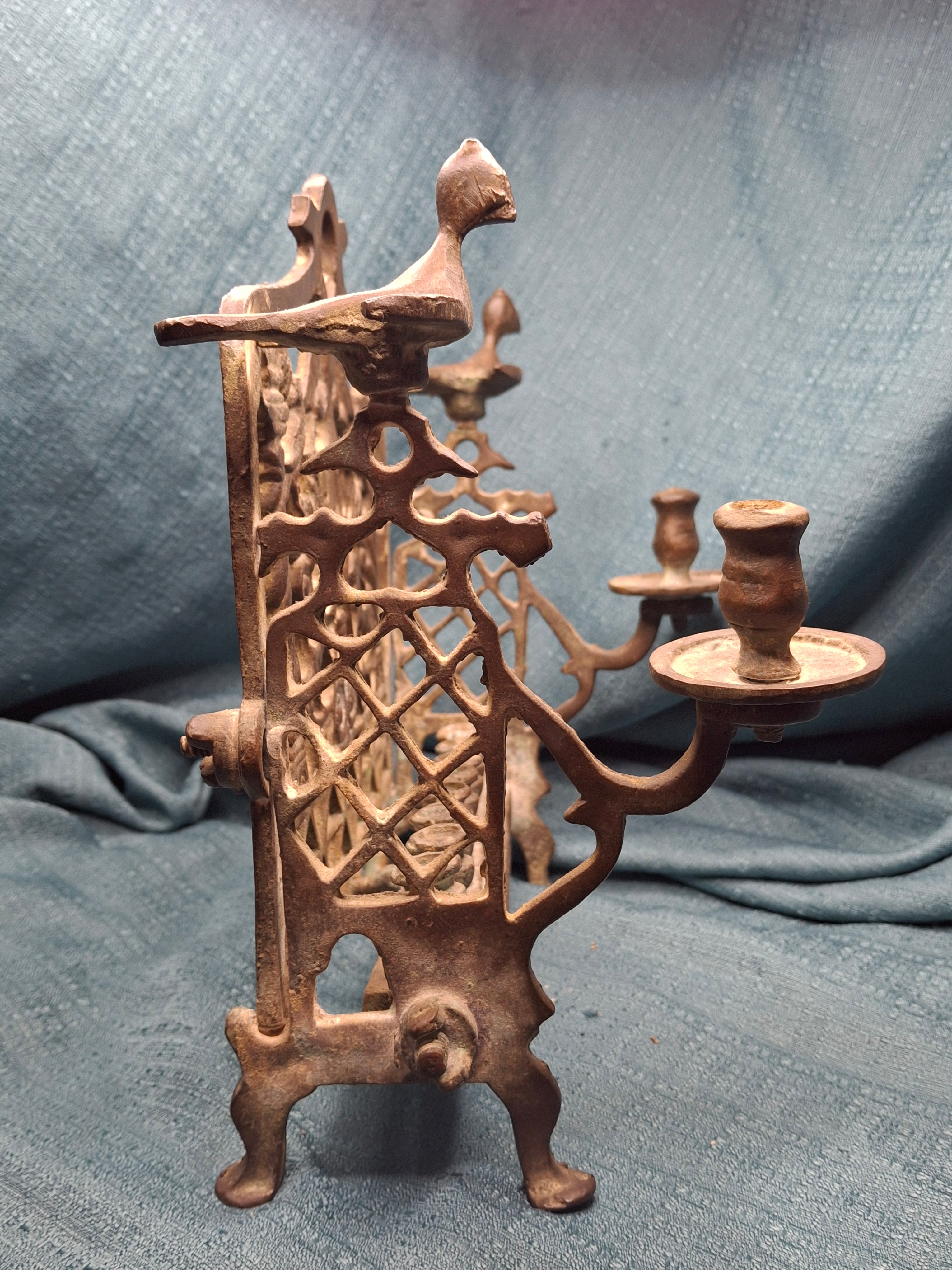 Antique Early 19thC Polish Brass Bench Menorah Lions Eagle Hanukkah Lamp Rare