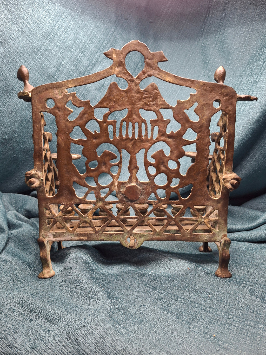 Antique Early 19thC Polish Brass Bench Menorah Lions Eagle Hanukkah Lamp Rare