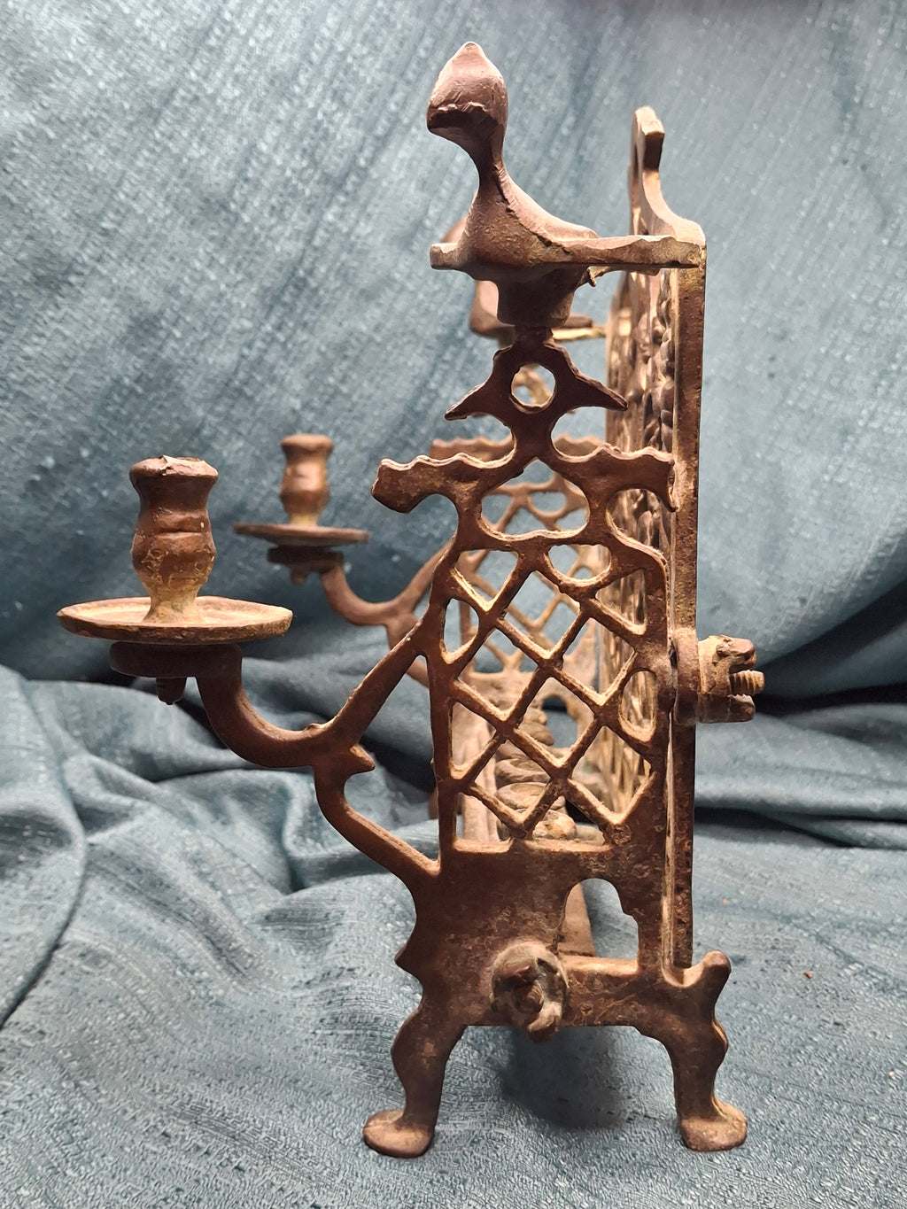 Antique Early 19thC Polish Brass Bench Menorah Lions Eagle Hanukkah Lamp Rare