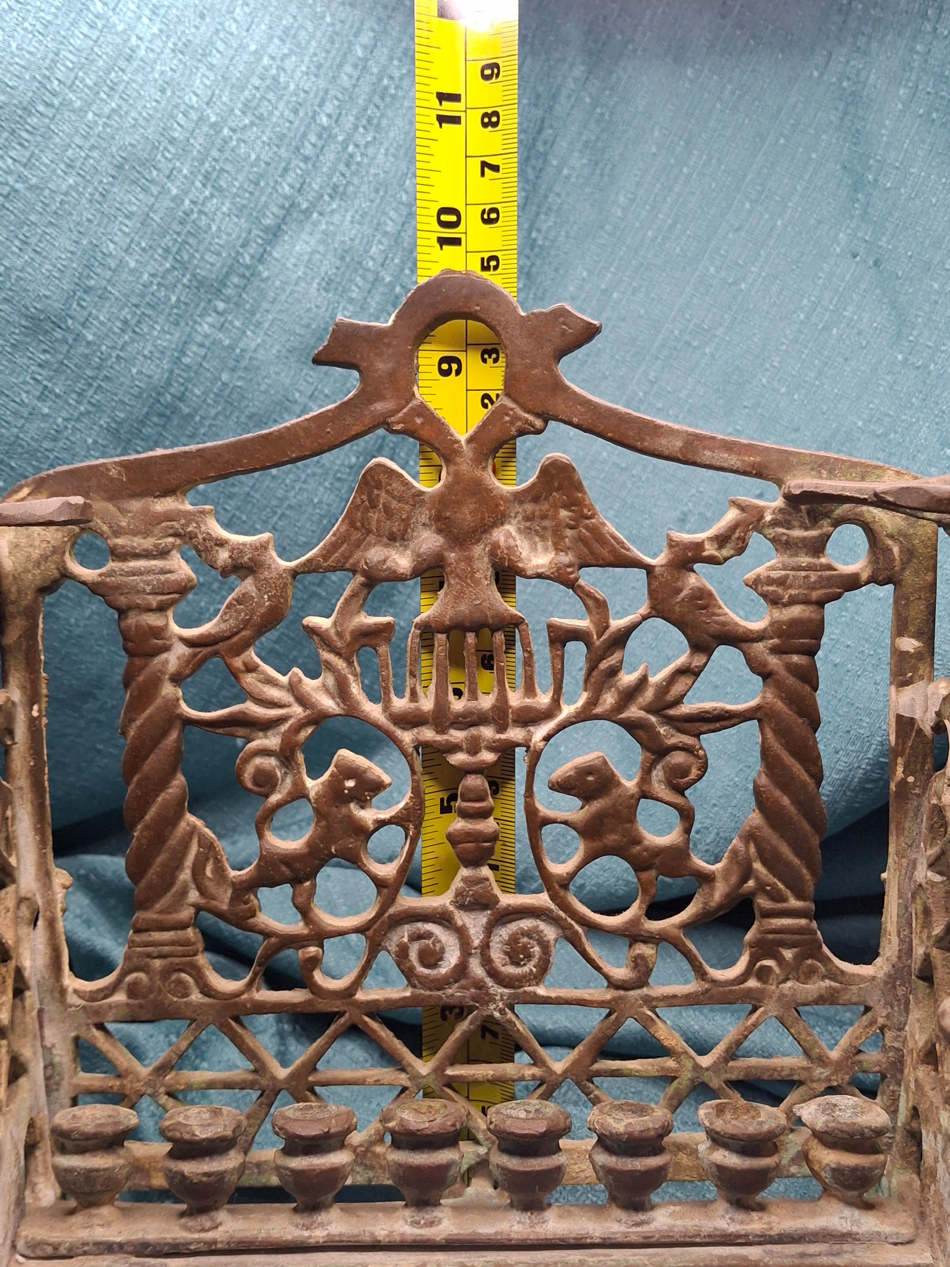 Antique Mid 19th Century Eastern European Bronze Bench Chanukkah Menorah with Double-Headed Eagle, Lions, Birds, Columns, and Shabbat Candlesticks