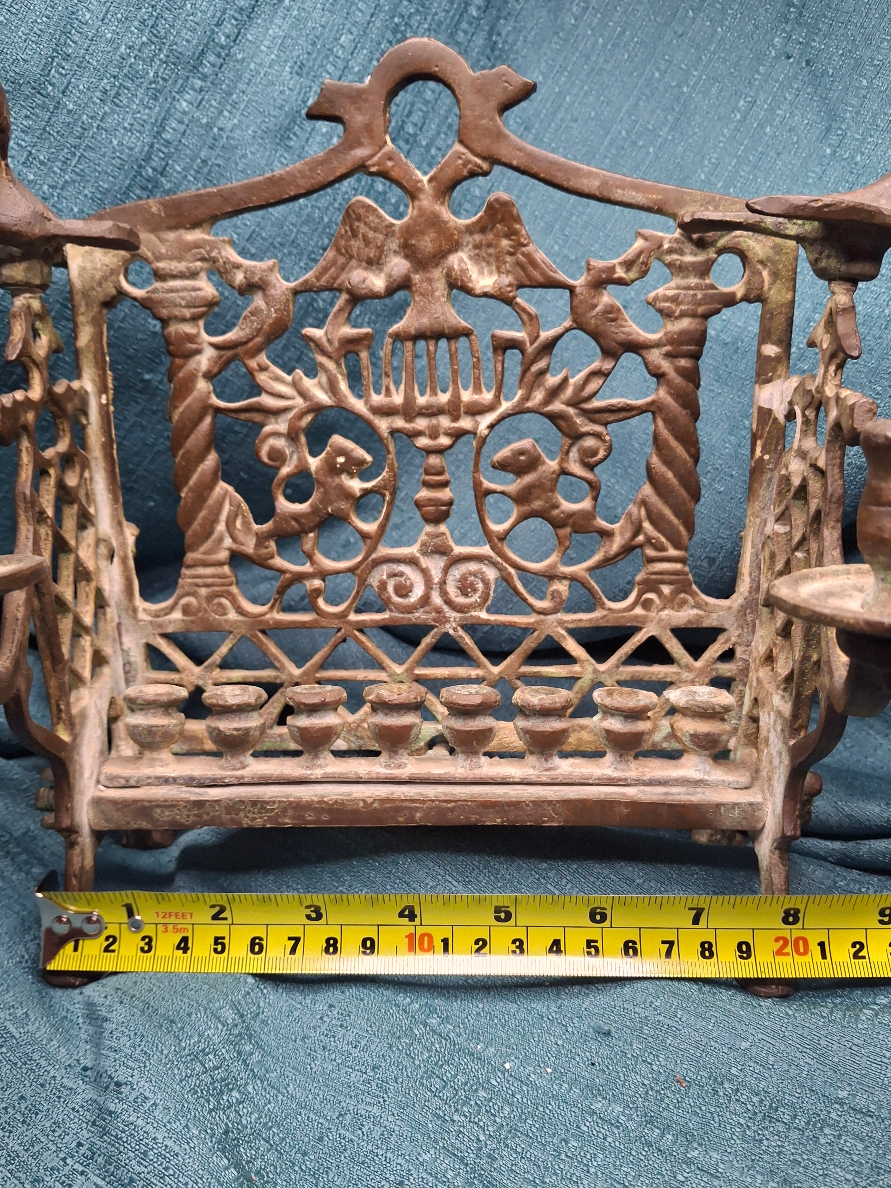 Antique Mid 19th Century Eastern European Bronze Bench Chanukkah Menorah with Double-Headed Eagle, Lions, Birds, Columns, and Shabbat Candlesticks