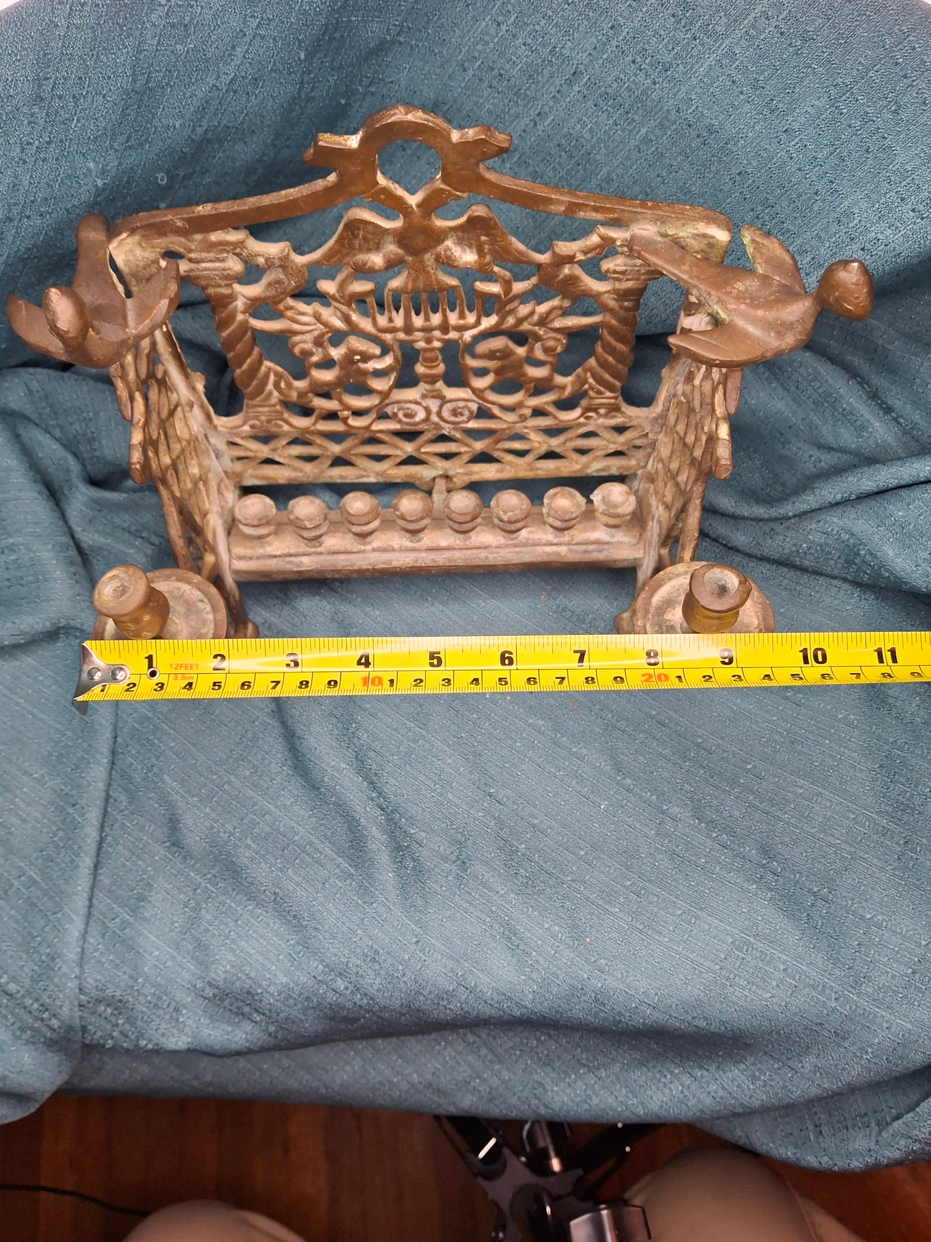Antique Mid 19th Century Eastern European Bronze Bench Chanukkah Menorah with Double-Headed Eagle, Lions, Birds, Columns, and Shabbat Candlesticks