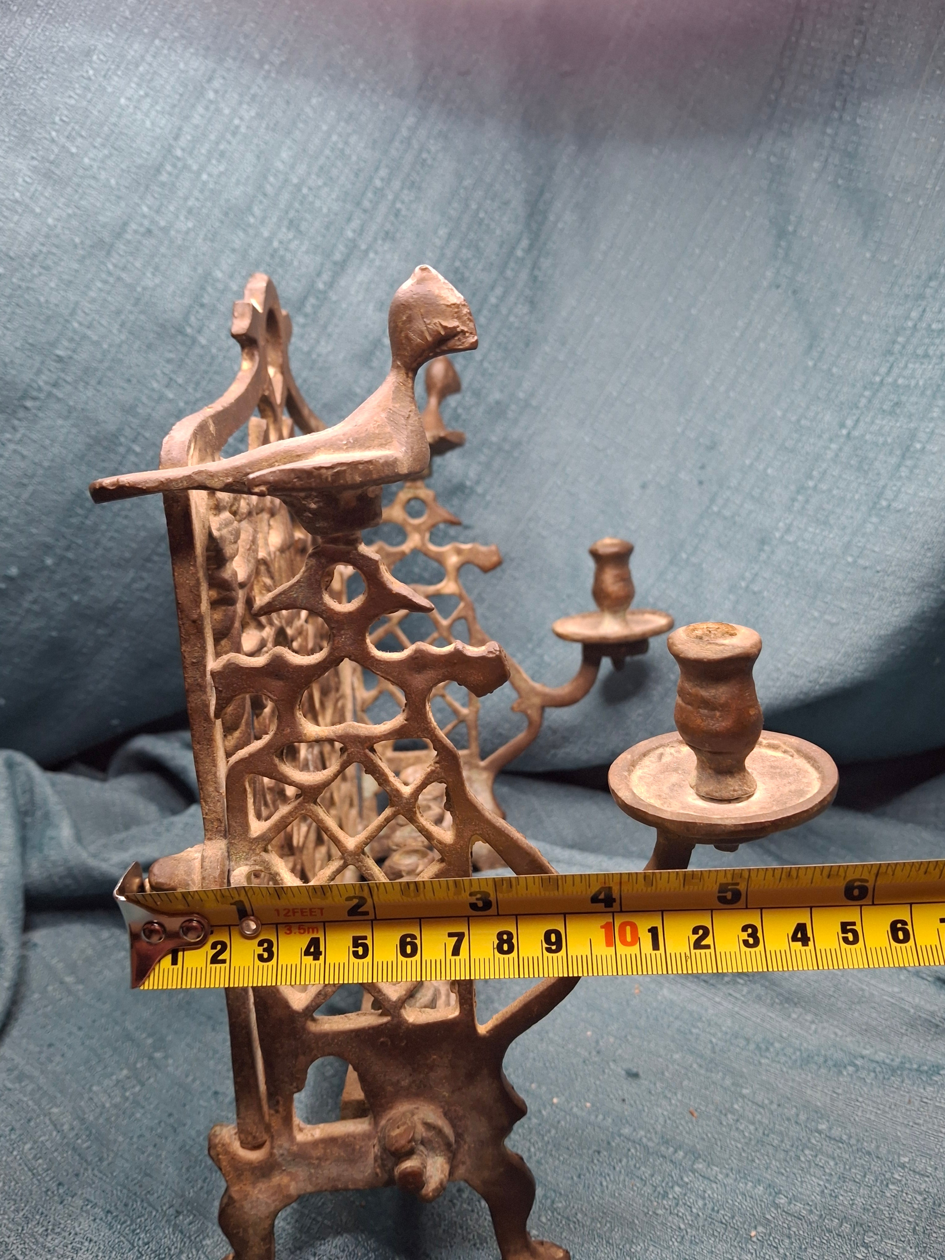 Antique Early 19thC Polish Brass Bench Menorah Lions Eagle Hanukkah Lamp Rare