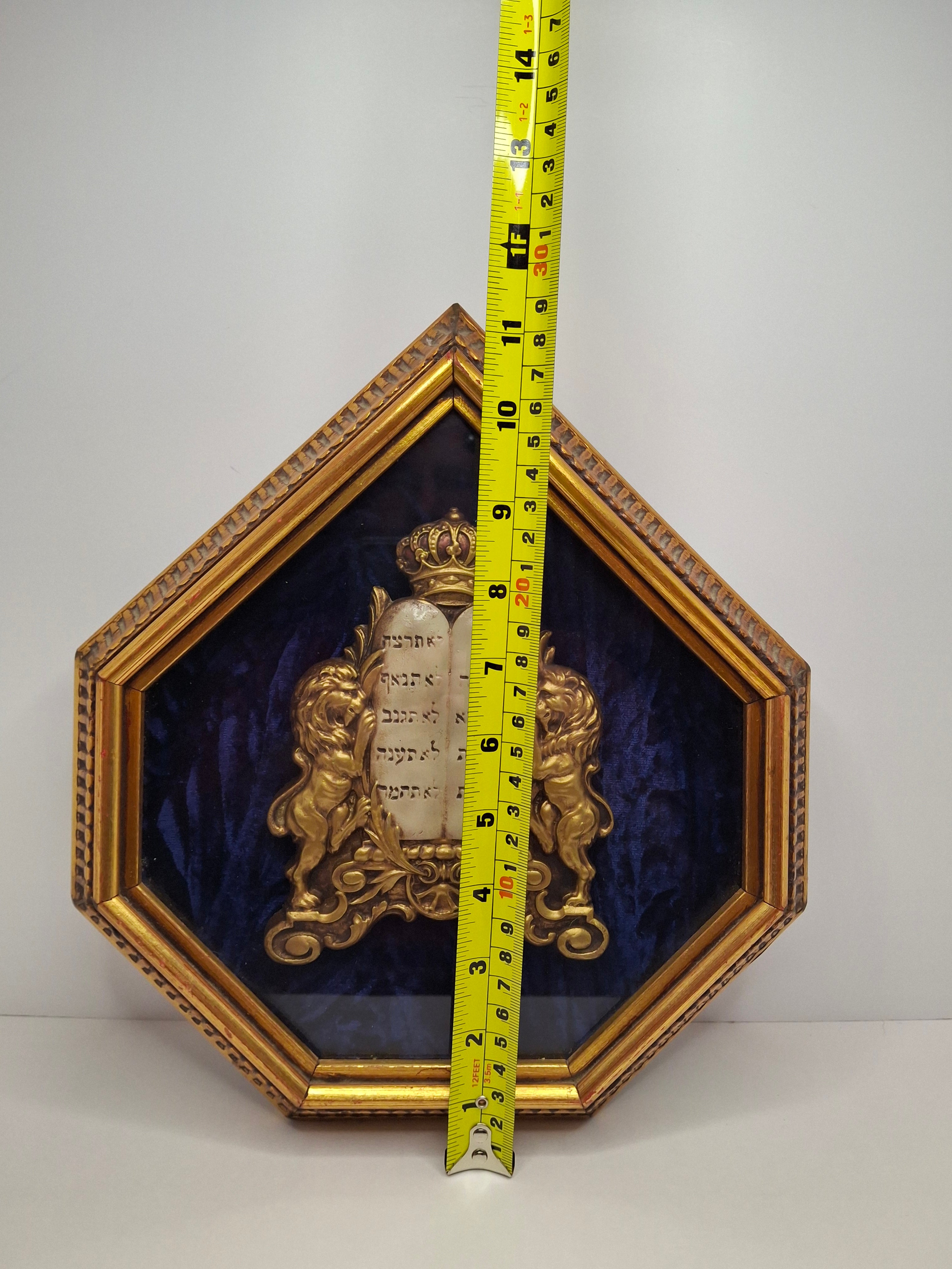 Mid-Century Judaica Ten Commandments Wall Plaque w/ Lions, Crown, Blue Velvet
