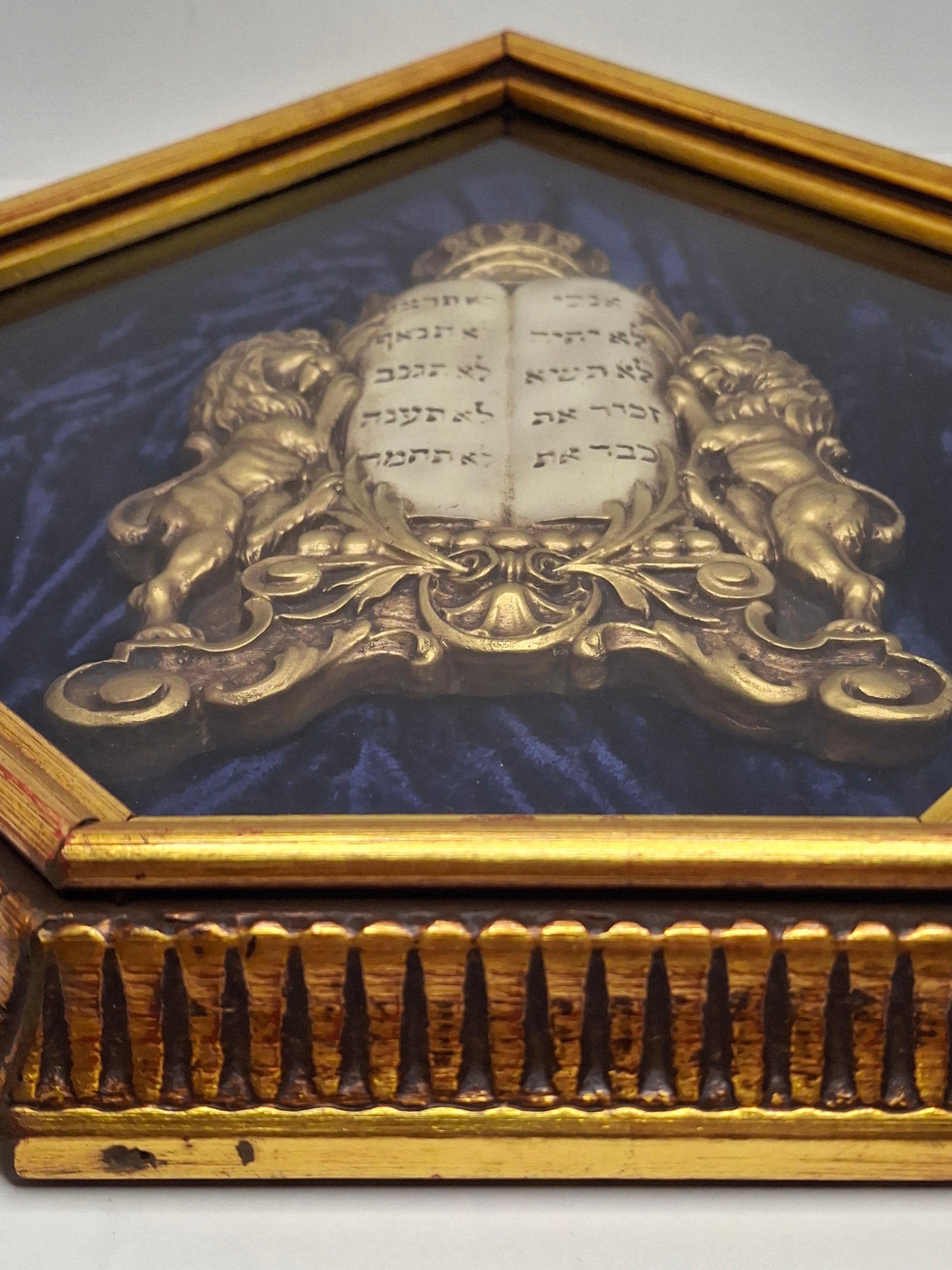 Mid-Century Judaica Ten Commandments Wall Plaque w/ Lions, Crown, Blue Velvet