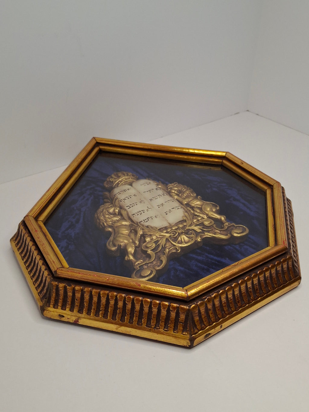Mid-Century Judaica Ten Commandments Wall Plaque w/ Lions, Crown, Blue Velvet