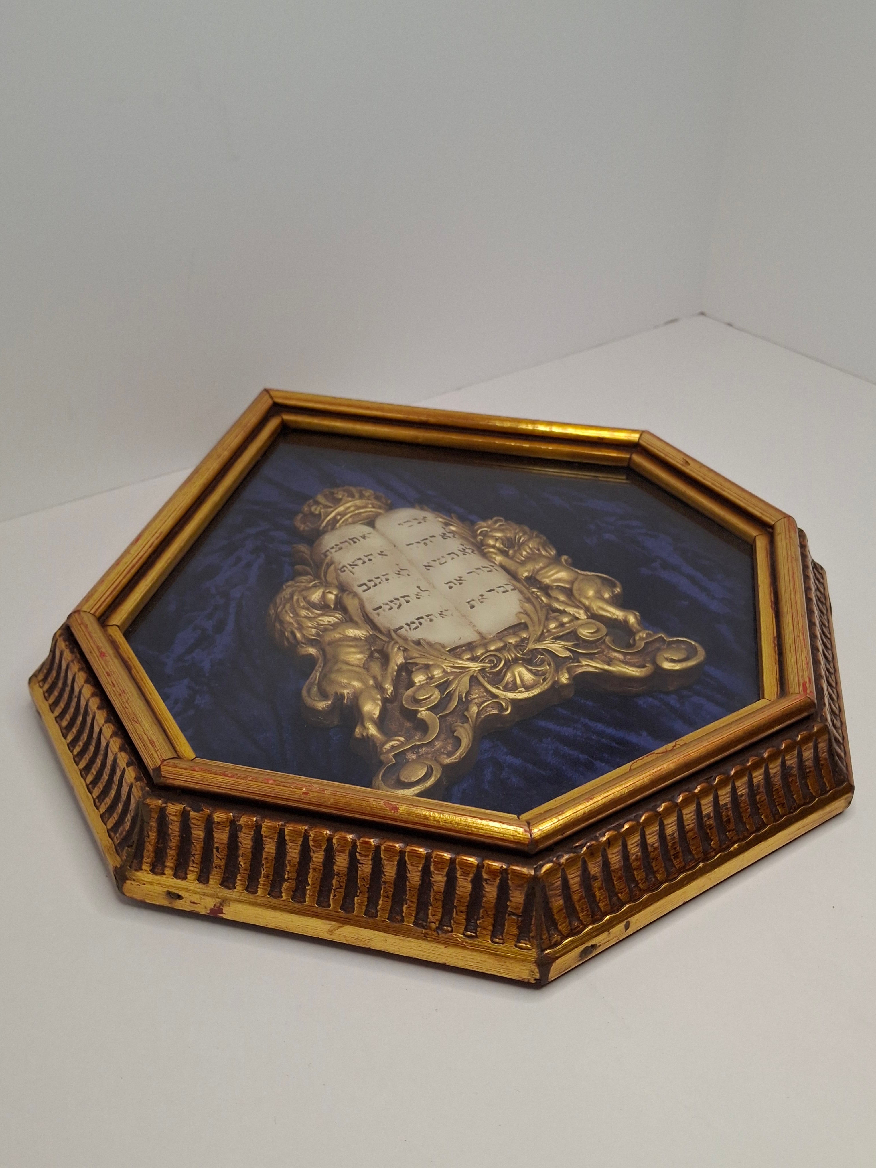 Mid-Century Judaica Ten Commandments Wall Plaque w/ Lions, Crown, Blue Velvet
