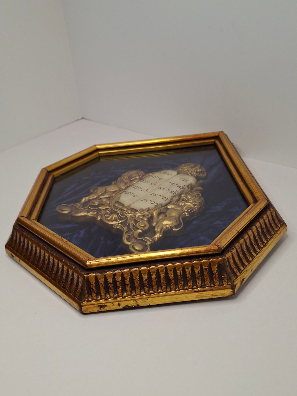 Mid-Century Judaica Ten Commandments Wall Plaque w/ Lions, Crown, Blue Velvet