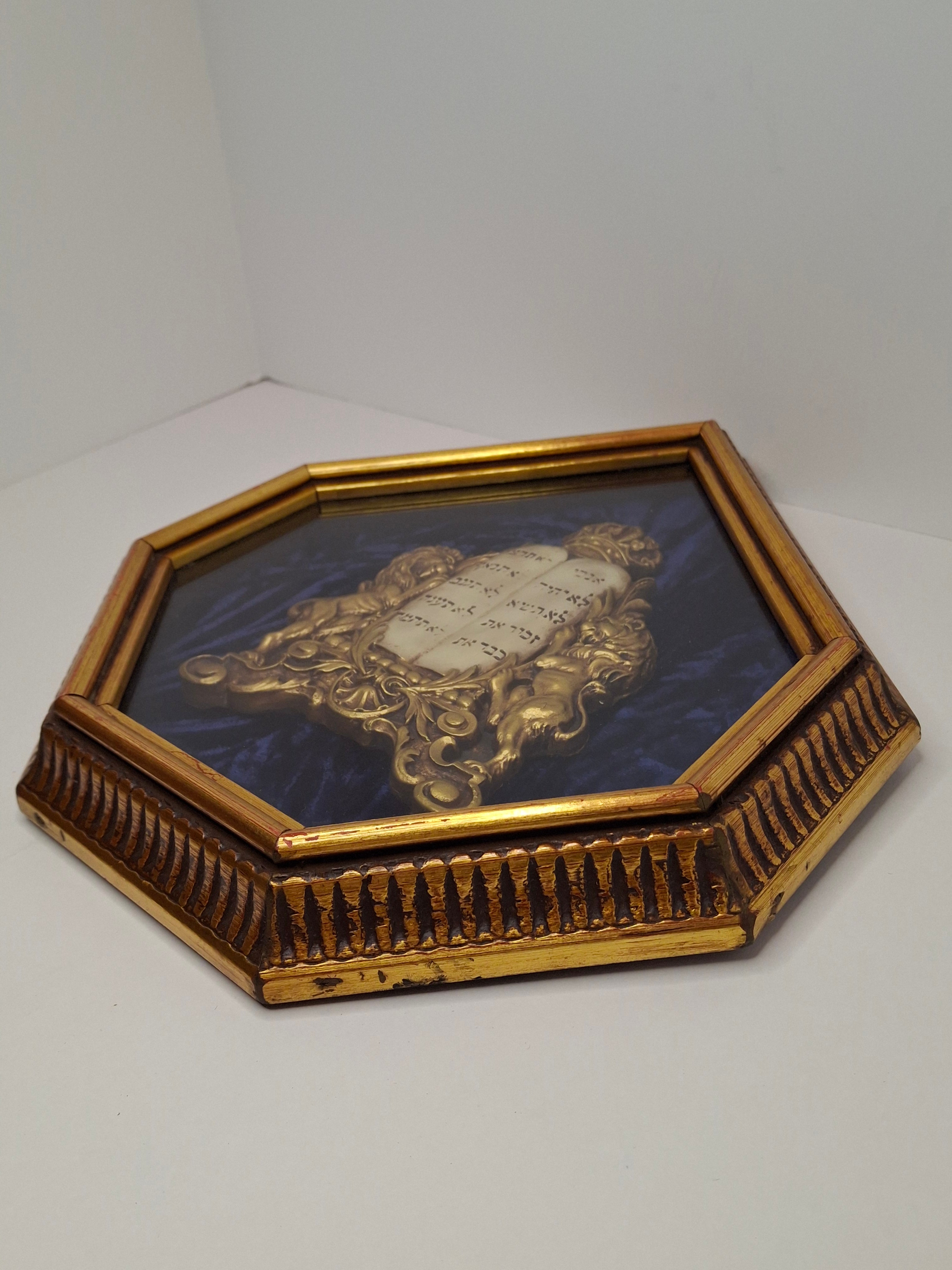 Mid-Century Judaica Ten Commandments Wall Plaque w/ Lions, Crown, Blue Velvet