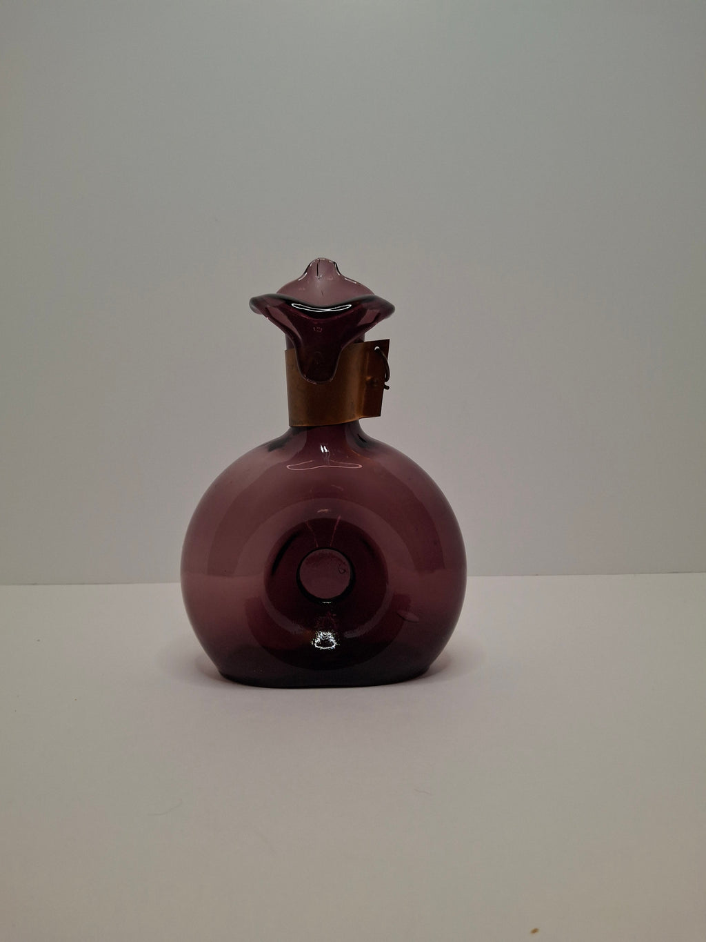 Mid-Century Italian Empoli Hand-Blown Amethyst Glass Decanter w/ Thumb Dimple Brass Collar