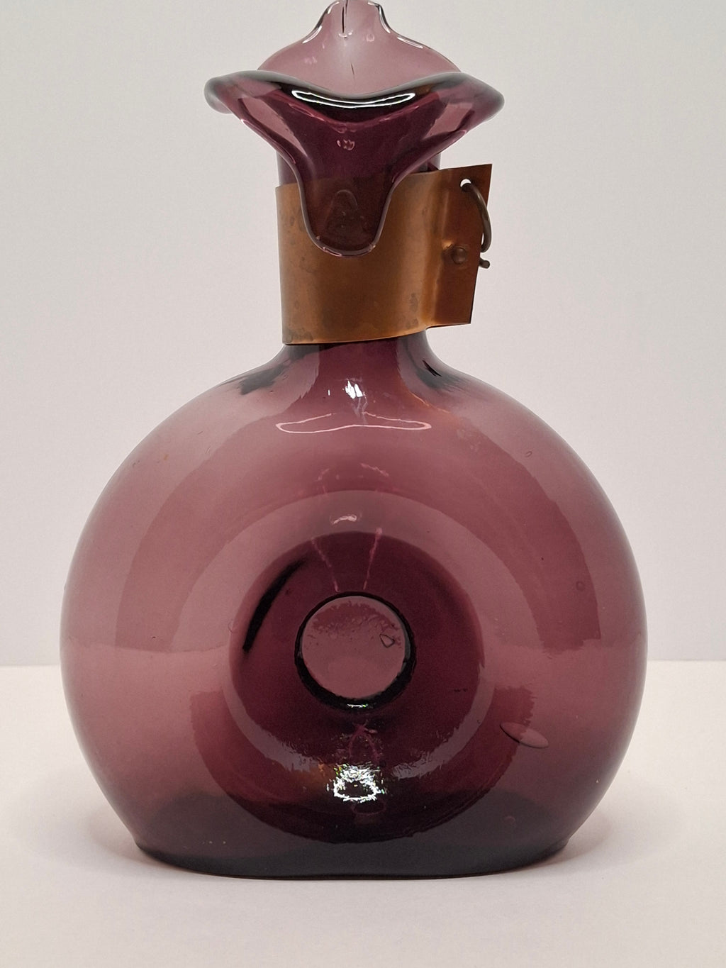 Mid-Century Italian Empoli Hand-Blown Amethyst Glass Decanter w/ Thumb Dimple Brass Collar