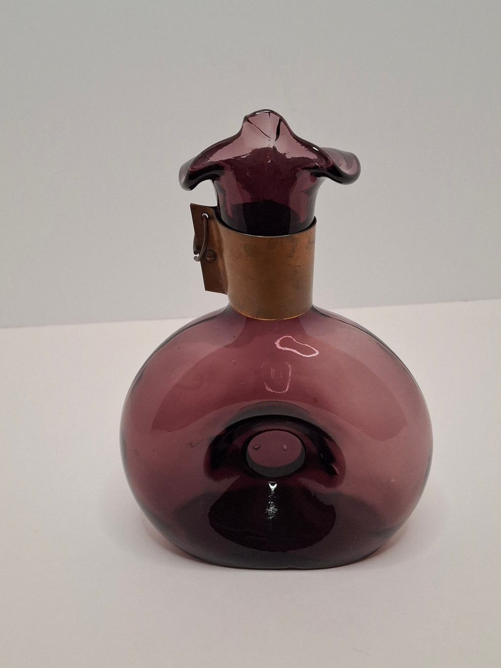 Mid-Century Italian Empoli Hand-Blown Amethyst Glass Decanter w/ Thumb Dimple Brass Collar