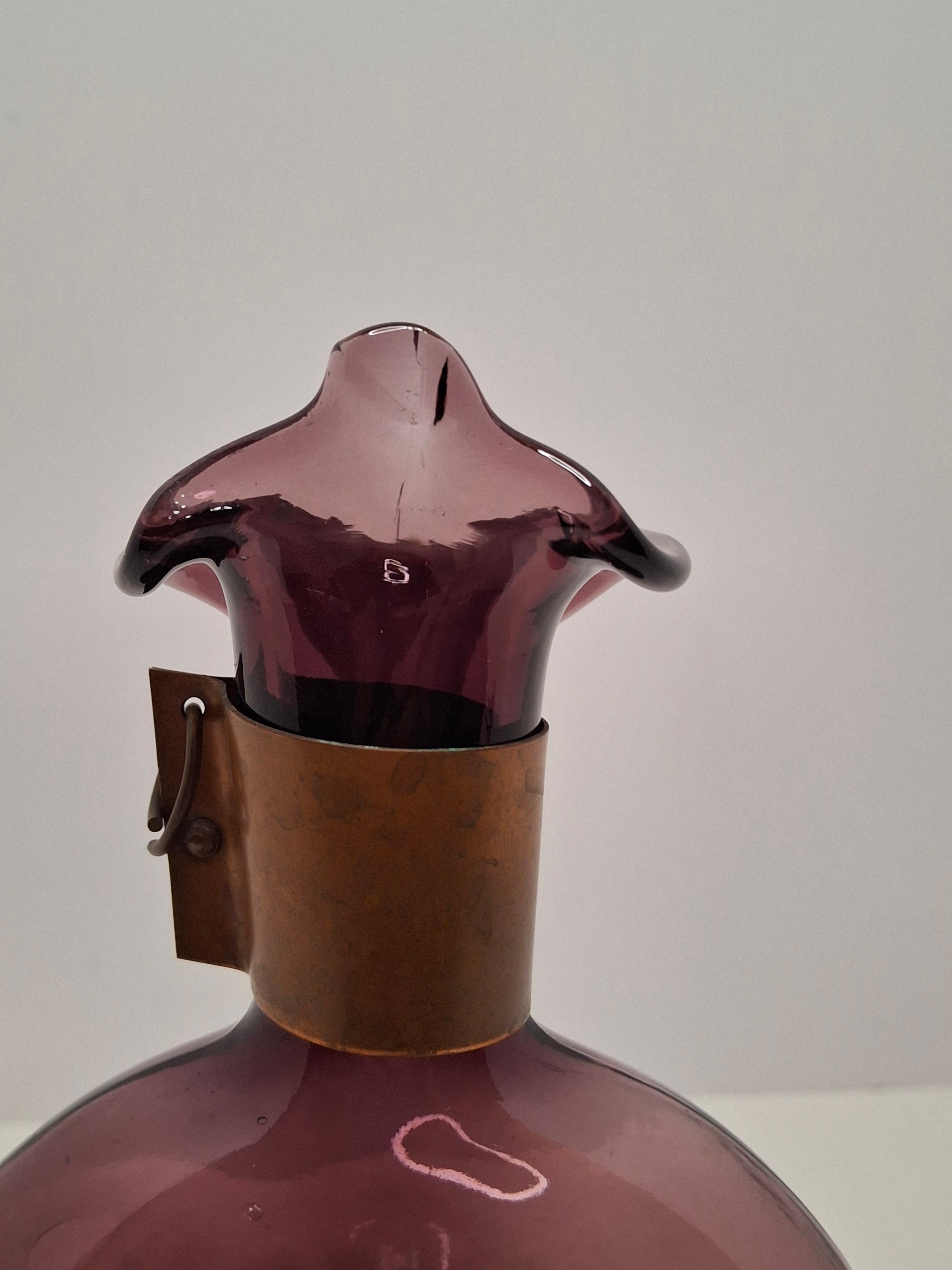 Mid-Century Italian Empoli Hand-Blown Amethyst Glass Decanter w/ Thumb Dimple Brass Collar