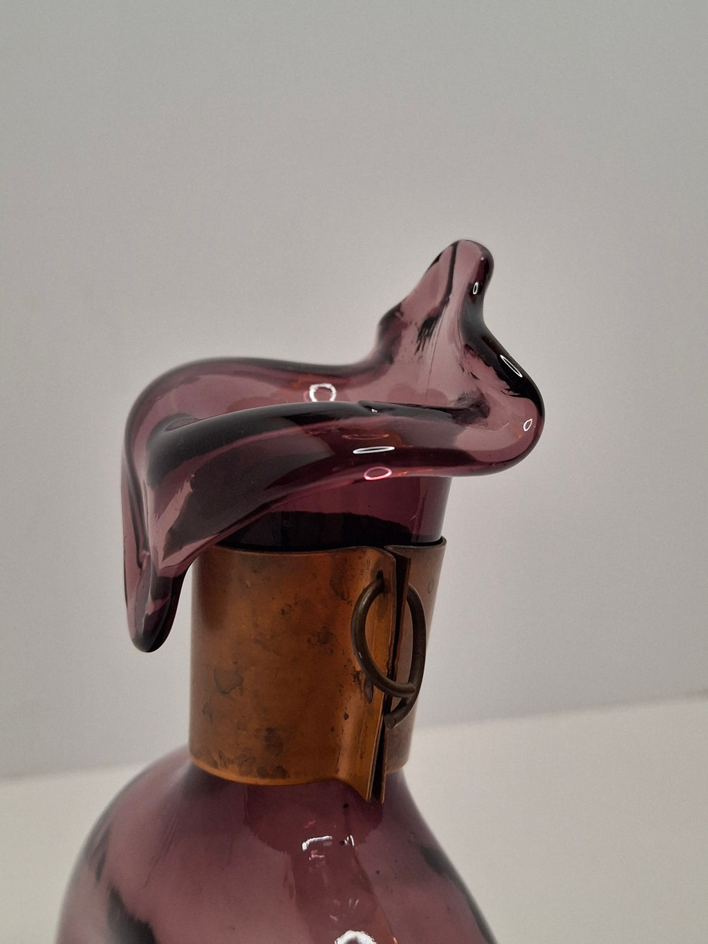 Mid-Century Italian Empoli Hand-Blown Amethyst Glass Decanter w/ Thumb Dimple Brass Collar