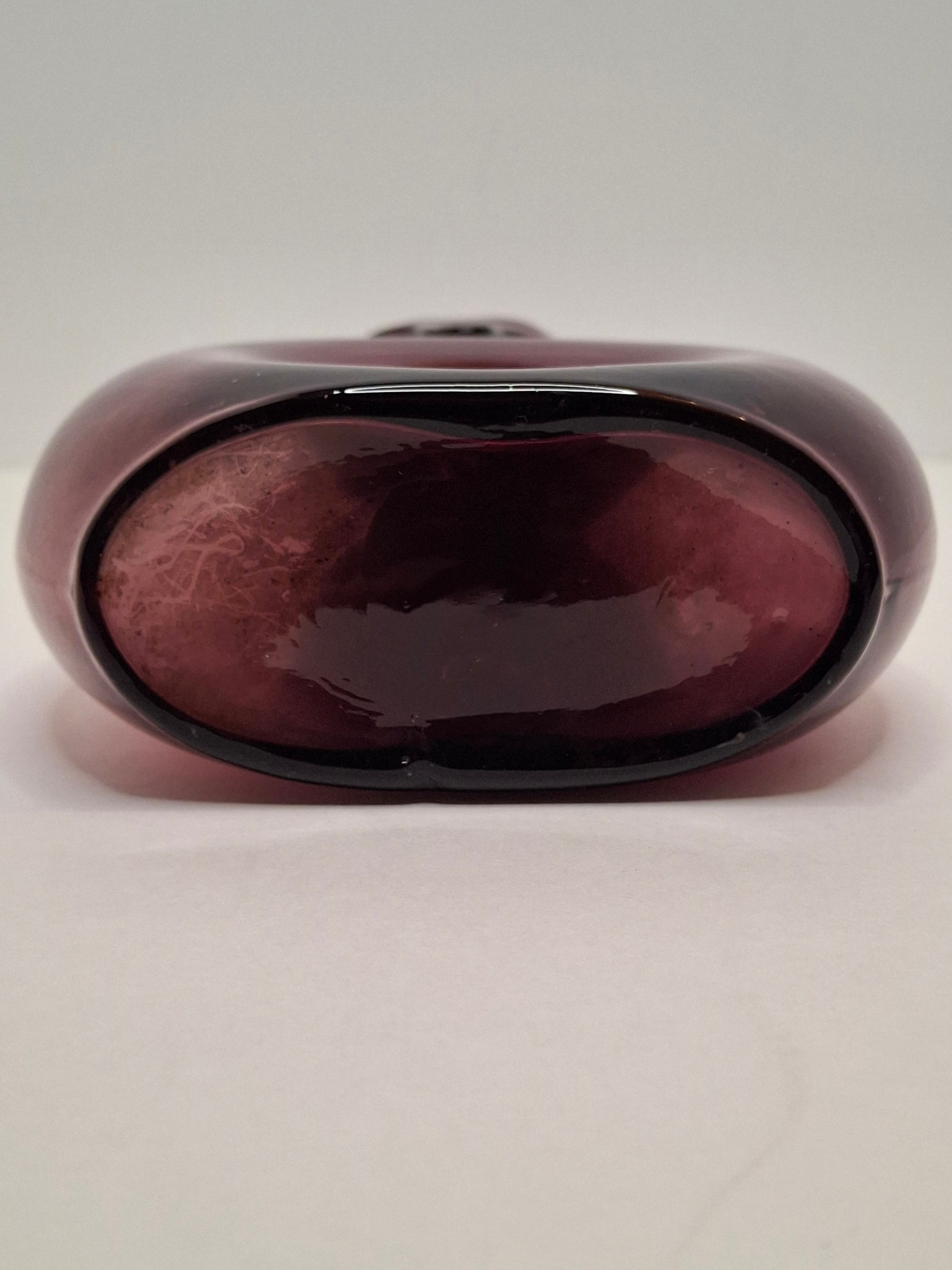 Mid-Century Italian Empoli Hand-Blown Amethyst Glass Decanter w/ Thumb Dimple Brass Collar
