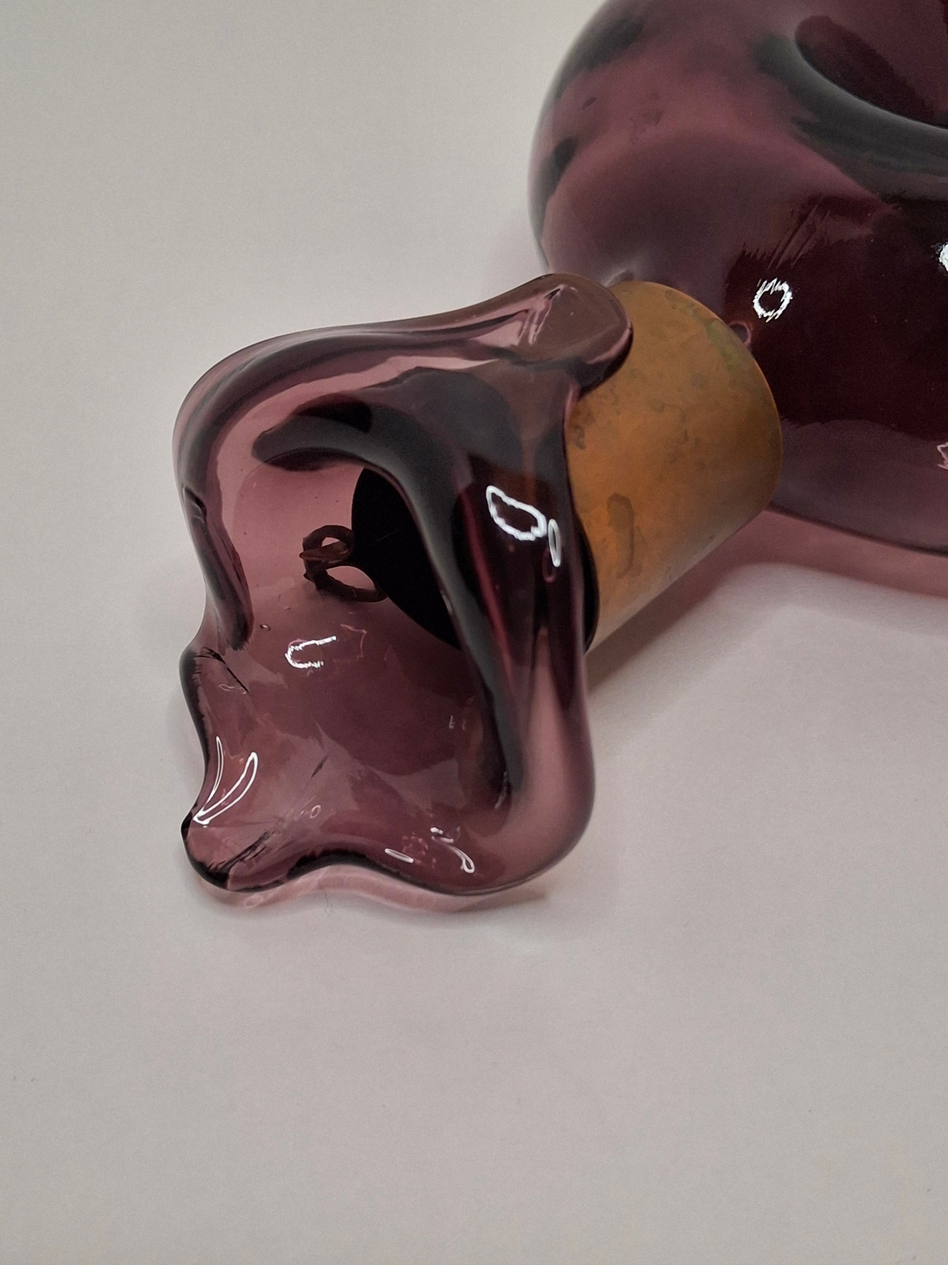 Mid-Century Italian Empoli Hand-Blown Amethyst Glass Decanter w/ Thumb Dimple Brass Collar