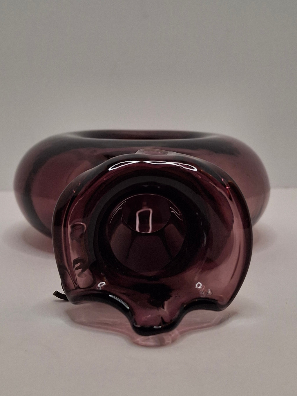 Mid-Century Italian Empoli Hand-Blown Amethyst Glass Decanter w/ Thumb Dimple Brass Collar