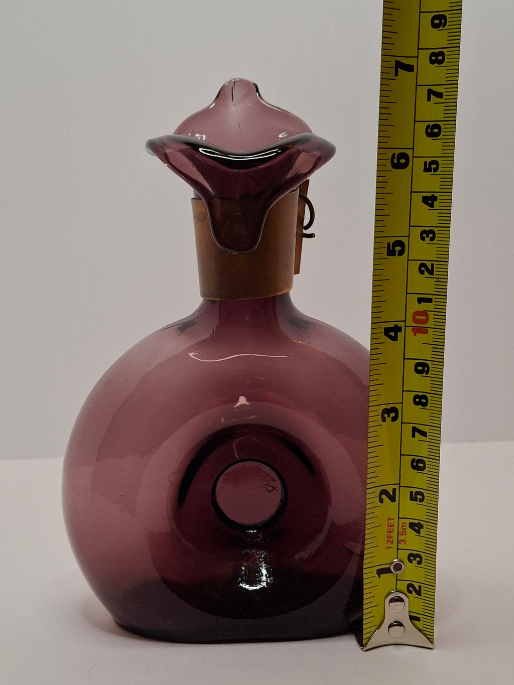 Mid-Century Italian Empoli Hand-Blown Amethyst Glass Decanter w/ Thumb Dimple Brass Collar