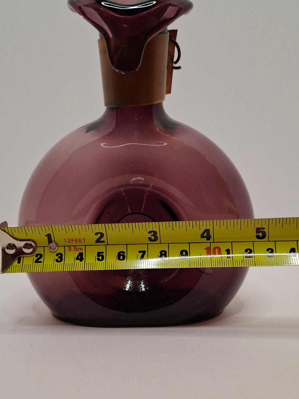 Mid-Century Italian Empoli Hand-Blown Amethyst Glass Decanter w/ Thumb Dimple Brass Collar