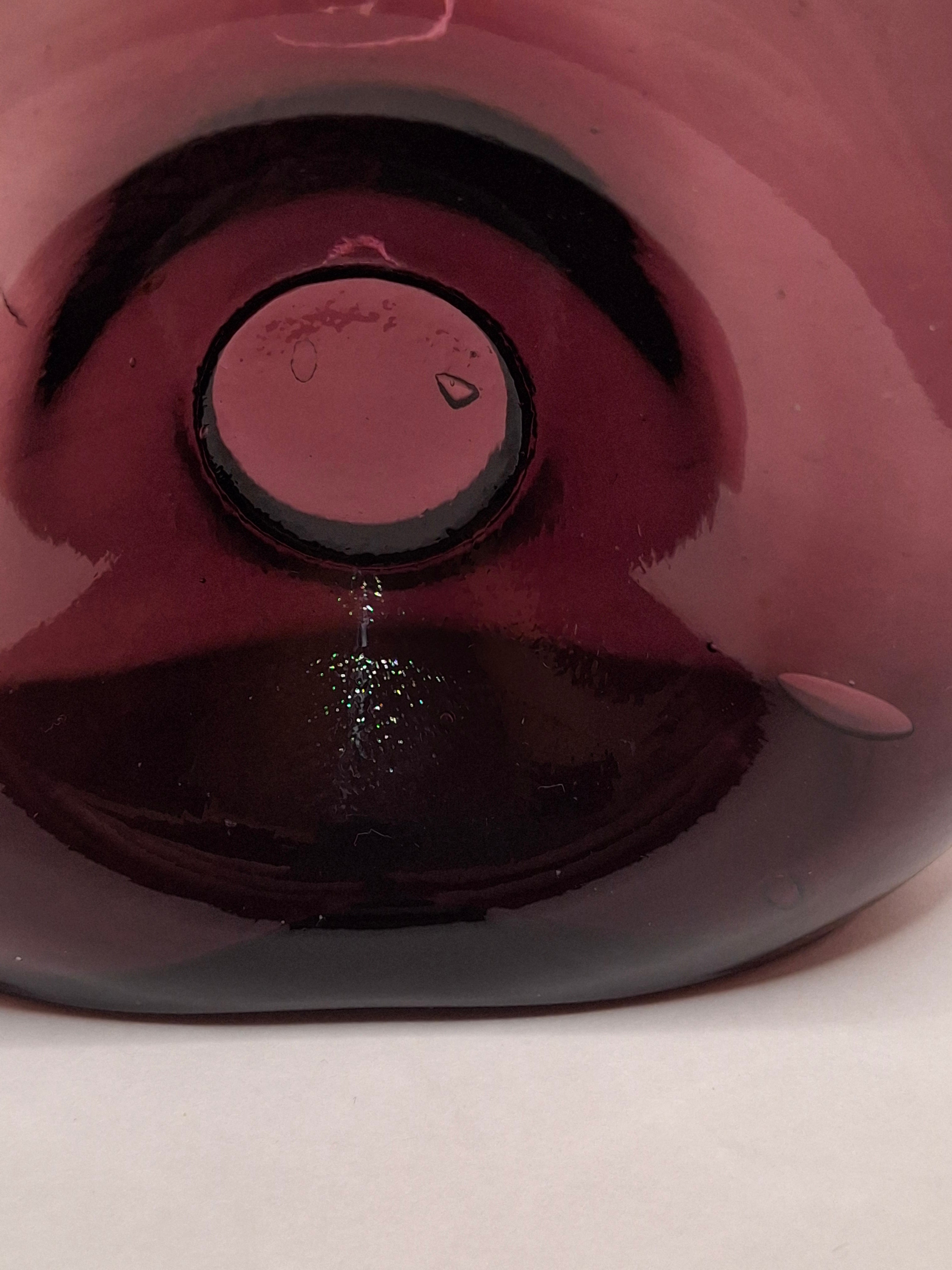 Mid-Century Italian Empoli Hand-Blown Amethyst Glass Decanter w/ Thumb Dimple Brass Collar