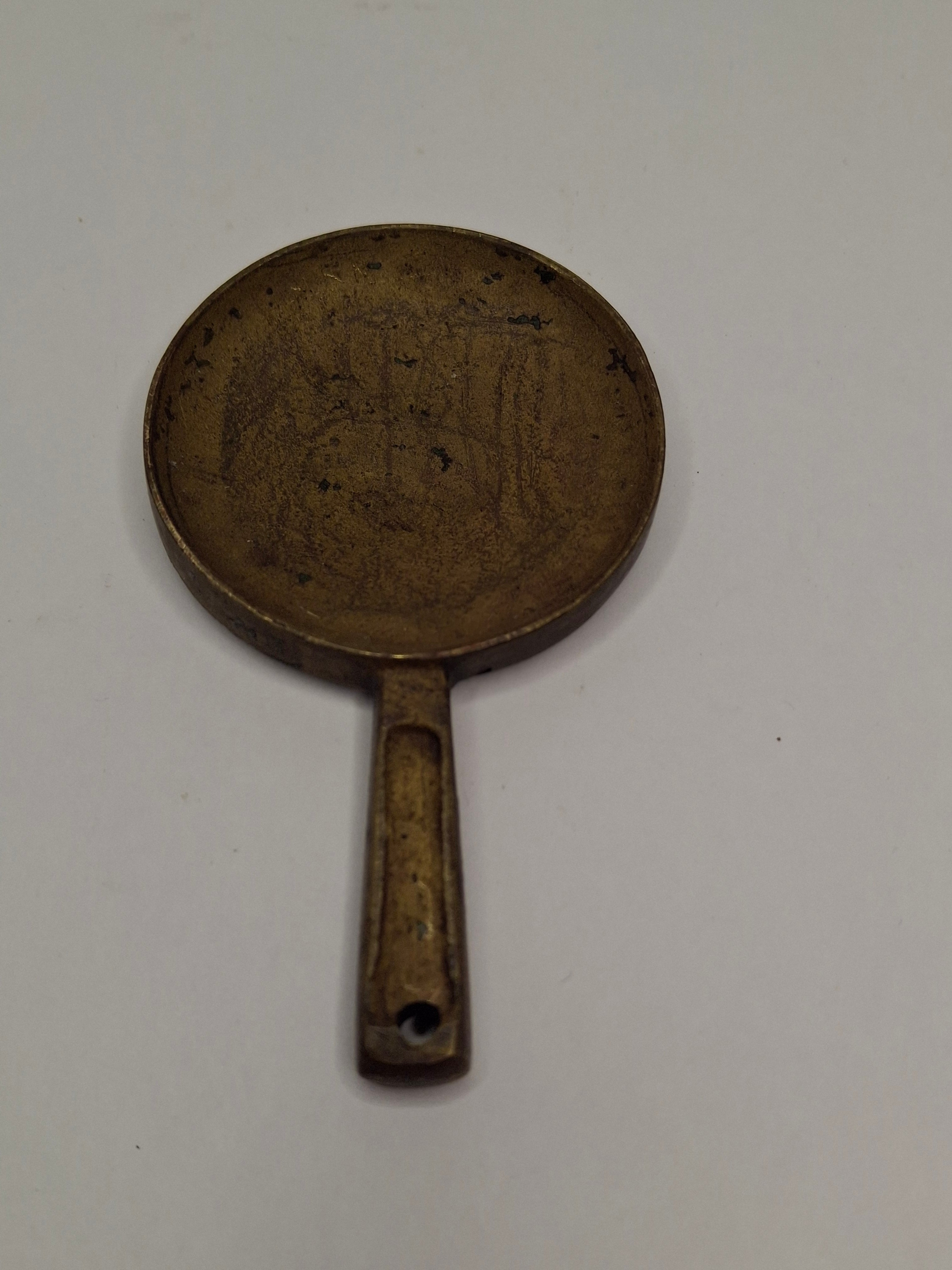 Antique Chinese Bronze Hand Mirror Ming Style Relief Figural Auspicious Symbol 3.5"