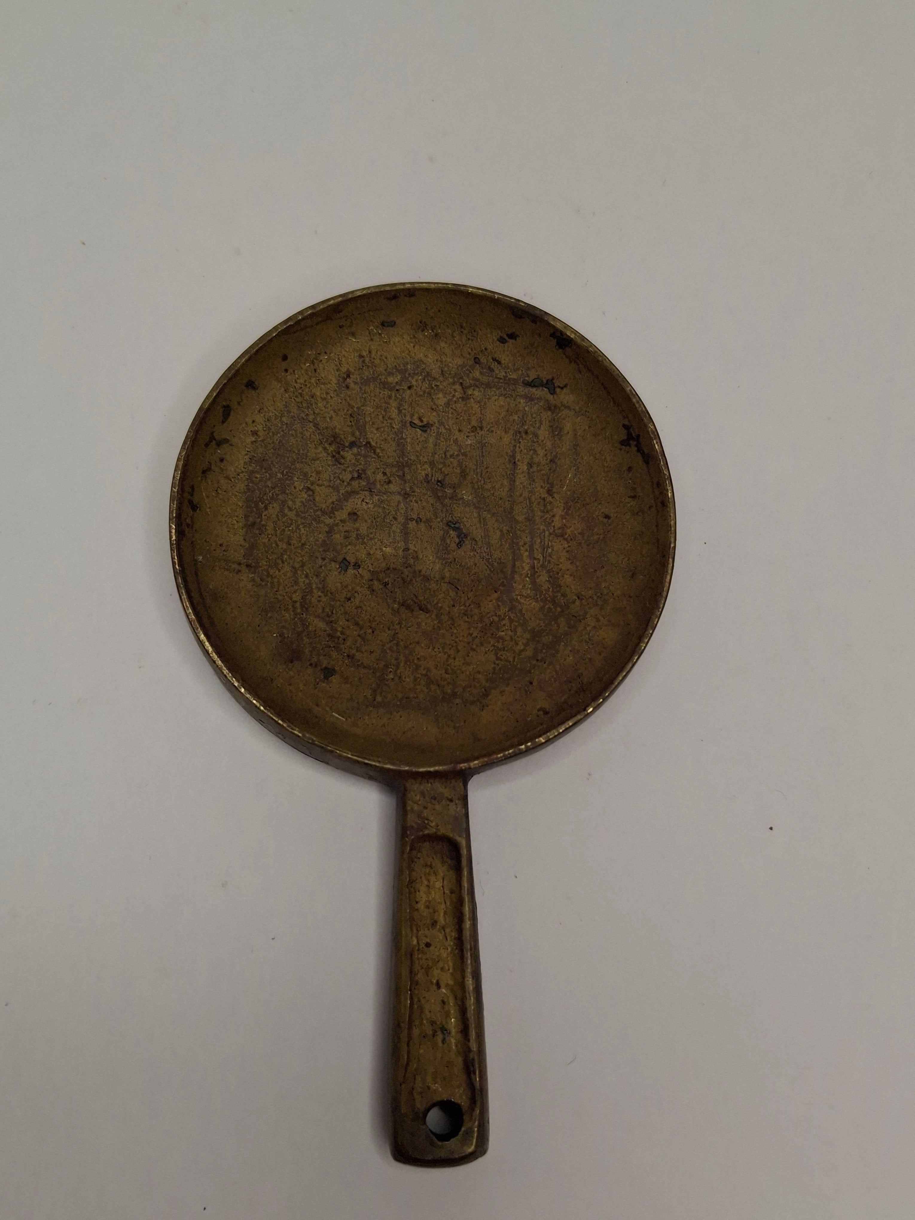 Antique Chinese Bronze Hand Mirror Ming Style Relief Figural Auspicious Symbol 3.5"