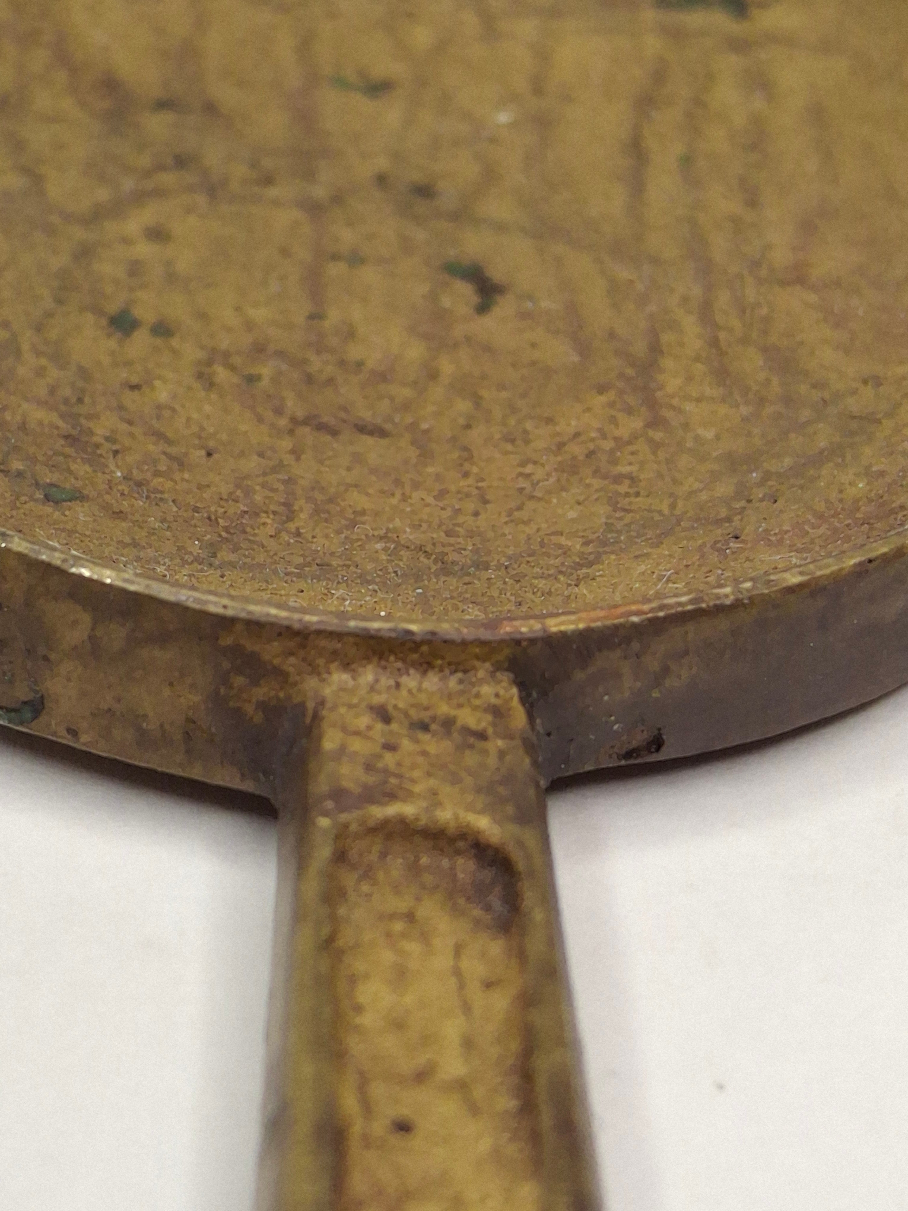 Antique Chinese Bronze Hand Mirror Ming Style Relief Figural Auspicious Symbol 3.5"