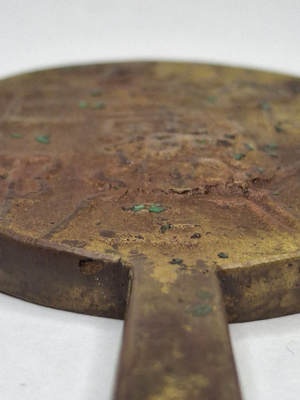 Antique Chinese Bronze Hand Mirror Ming Style Relief Figural Auspicious Symbol 3.5"