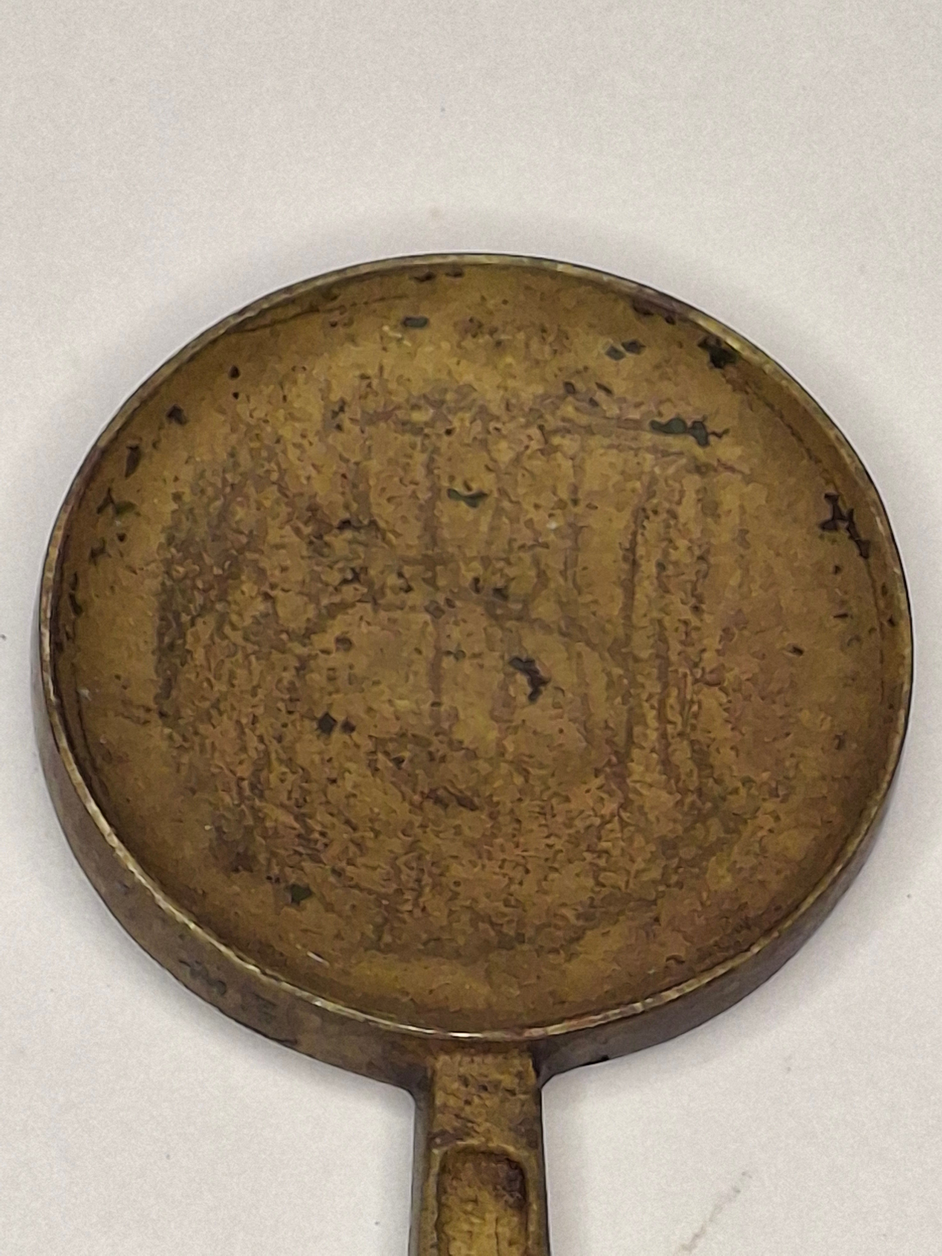 Antique Chinese Bronze Hand Mirror Ming Style Relief Figural Auspicious Symbol 3.5"