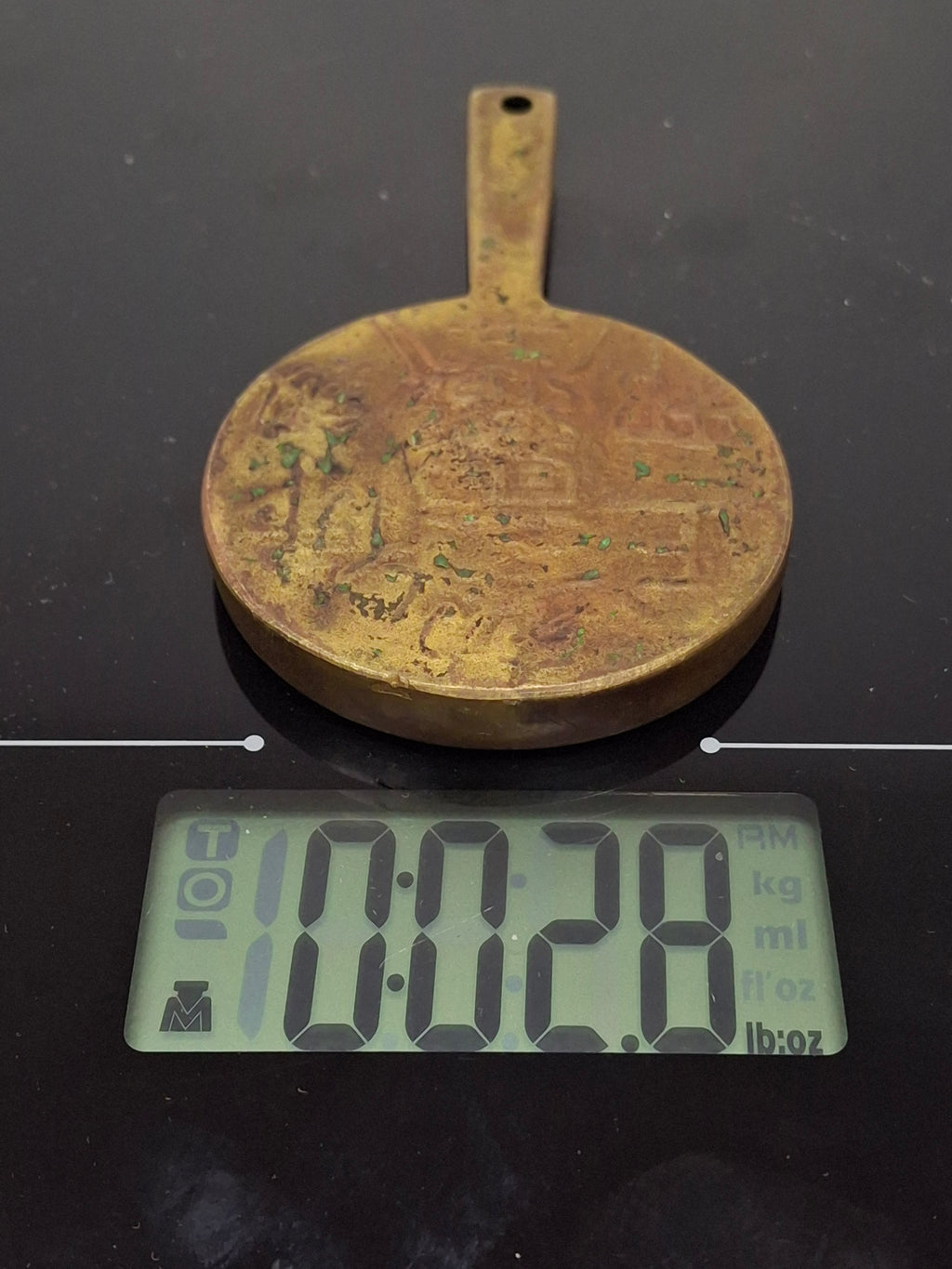 Antique Chinese Bronze Hand Mirror Ming Style Relief Figural Auspicious Symbol 3.5"