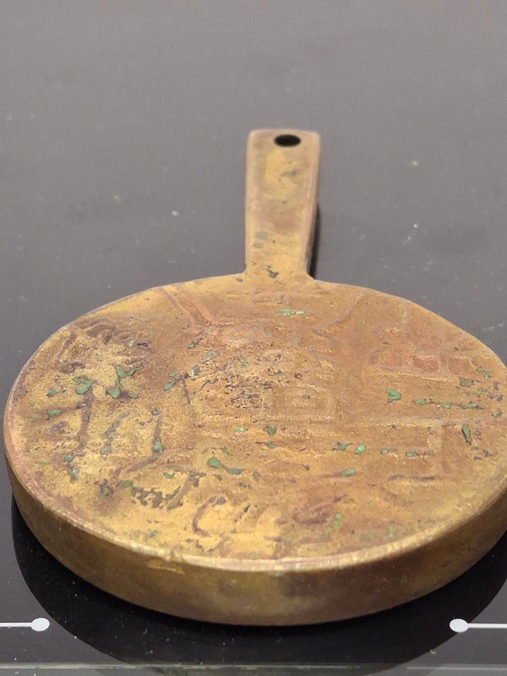 Antique Chinese Bronze Hand Mirror Ming Style Relief Figural Auspicious Symbol 3.5"