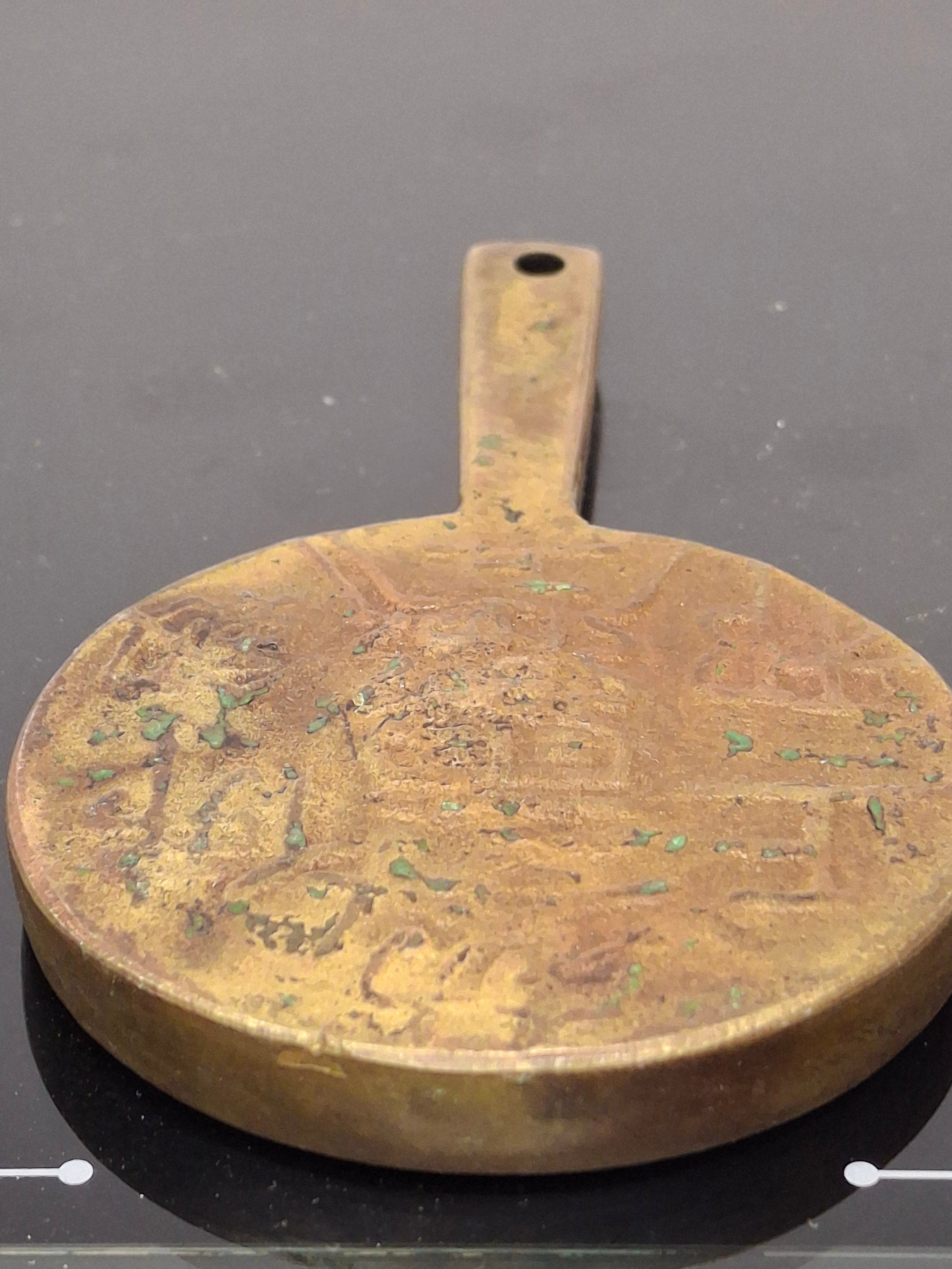 Antique Chinese Bronze Hand Mirror Ming Style Relief Figural Auspicious Symbol 3.5"