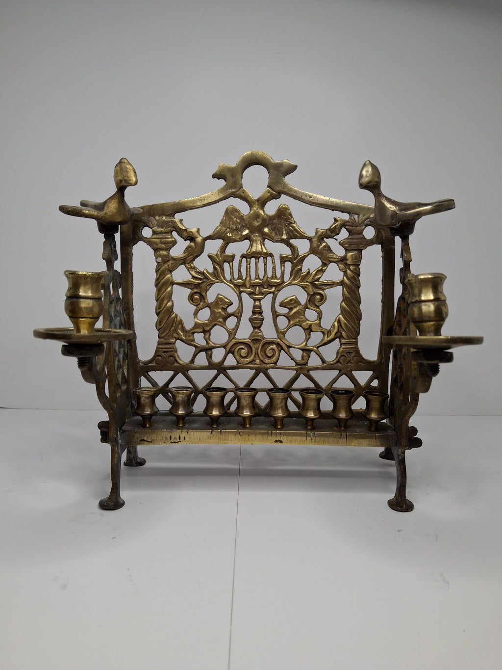 Antique Eastern European Brass Bench Chanukah Menorah with Double-Headed Eagle, Lions, Birds, Columns, and Shabbat Candlesticks