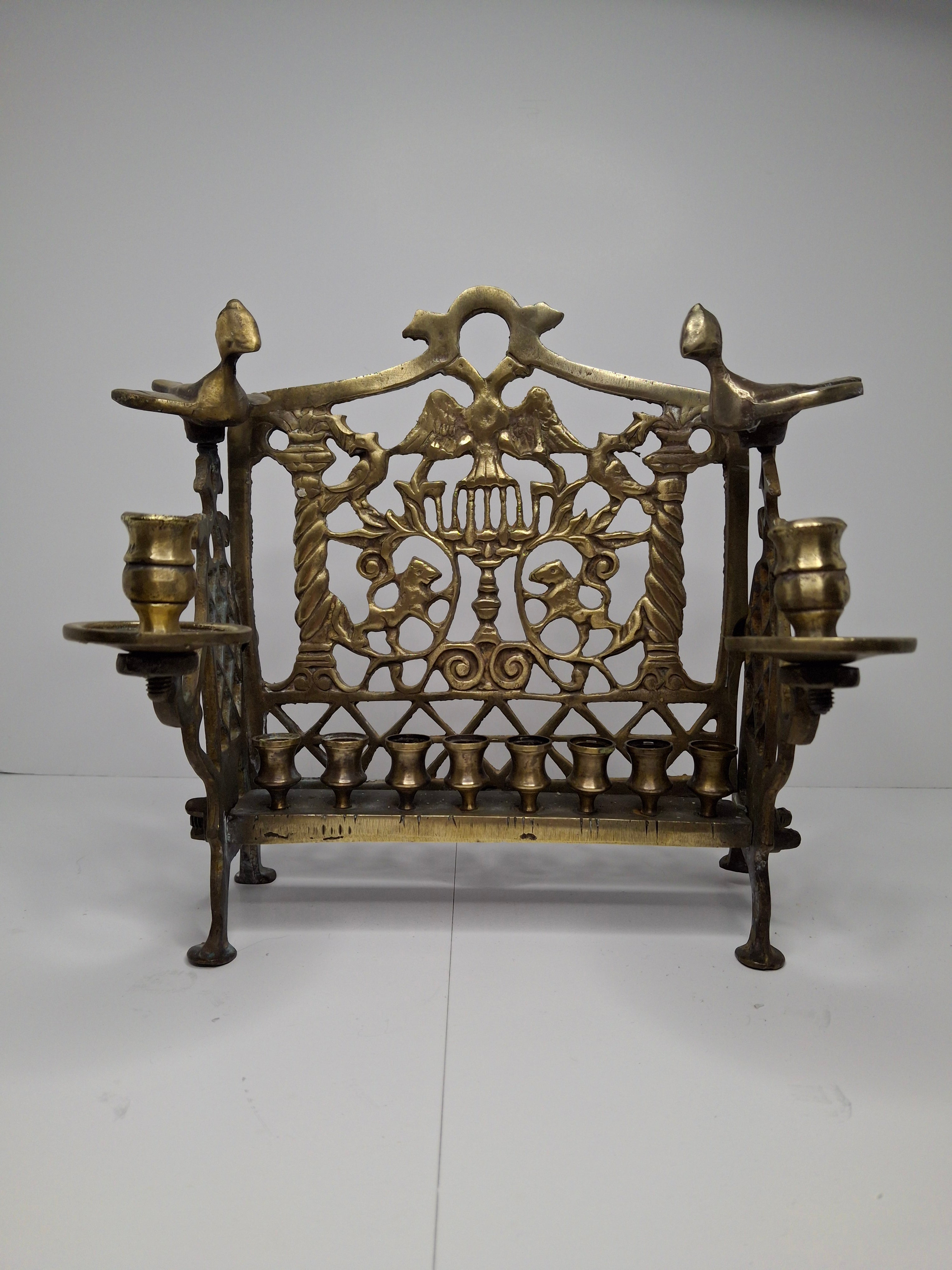 Antique Eastern European Brass Bench Chanukah Menorah with Double-Headed Eagle, Lions, Birds, Columns, and Shabbat Candlesticks